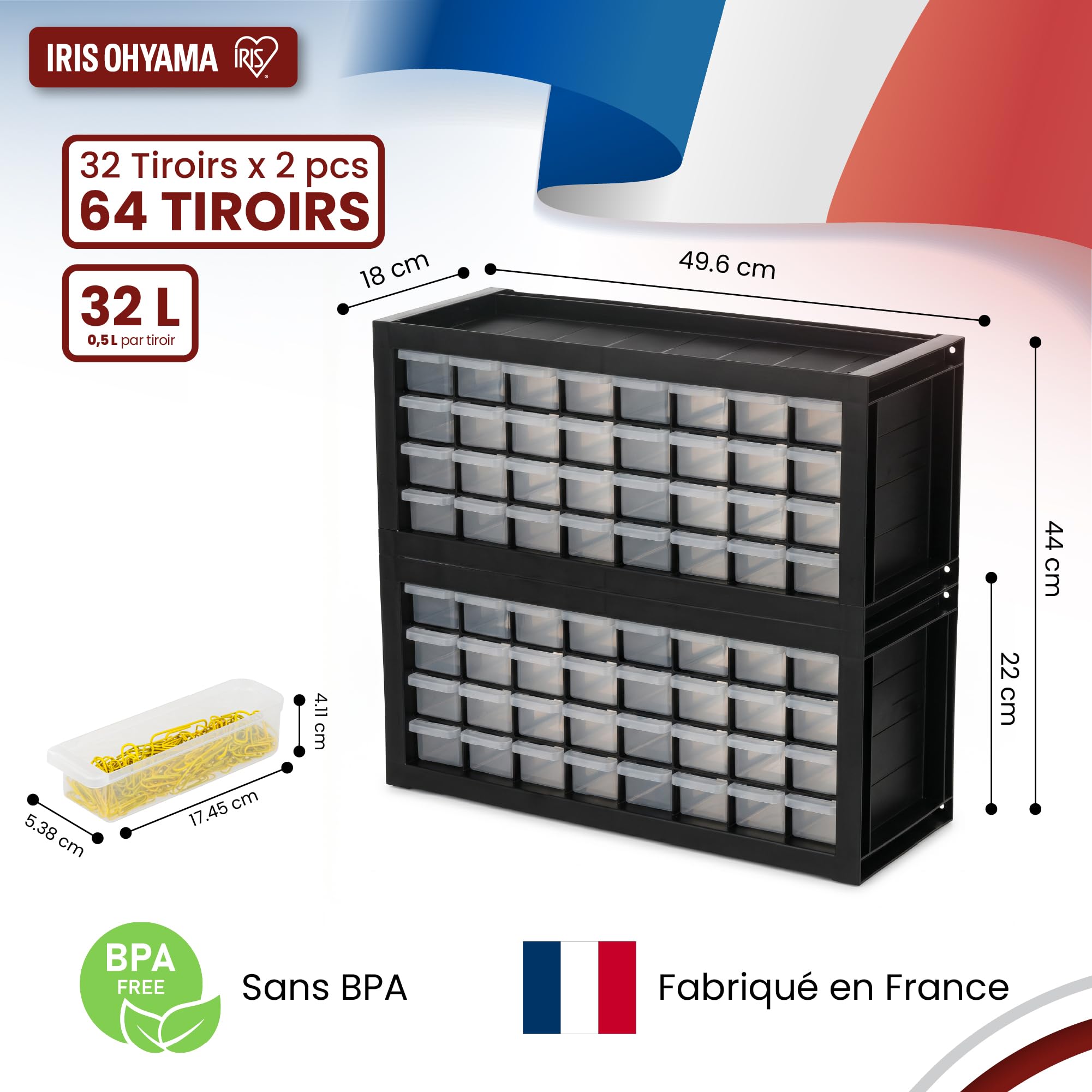 Iris Ohyama, Set de 2 Casiers de Rangement Vis, 32 Tiroirs, Empilable, Fixation Murale, Butée de Tiroir, Polyvalent, Quincaillerie, Bricolage, sans BPA, Compartiments, DPC-32