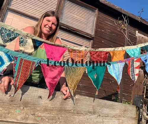 Handmade bunting made from recycled sari flags. Boho Eco friendly bunting flags for the garden or home. Party bunting, wedding bunting, garden bunting