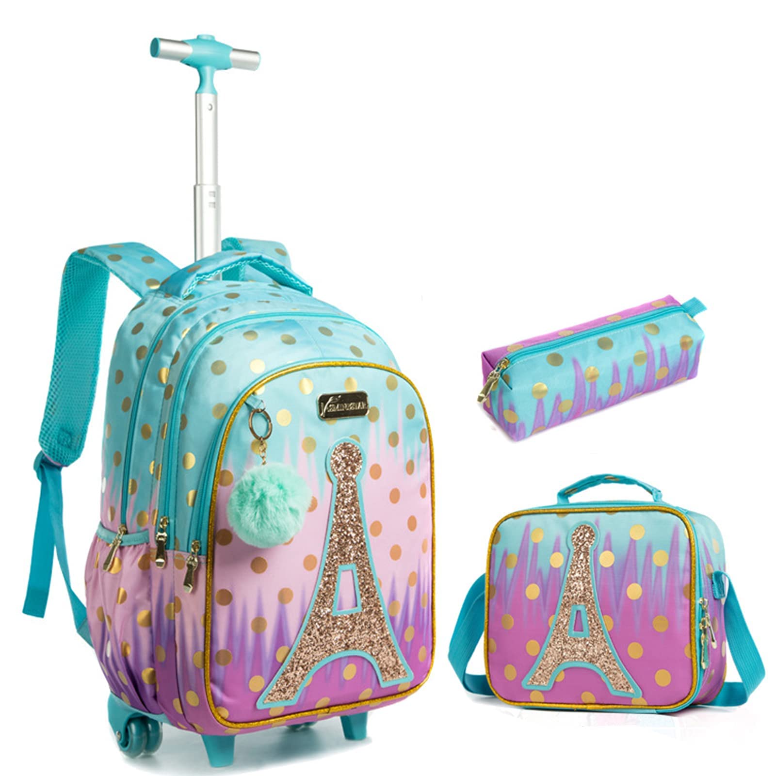 IvyH Mochila con Ruedas para niñas, Juego de Mochila con Ruedas para niños, Bolsa de Escuela Primaria con Bolsa de Almuerzo, Estuche para lápices, Mochila con Ruedas para niños
