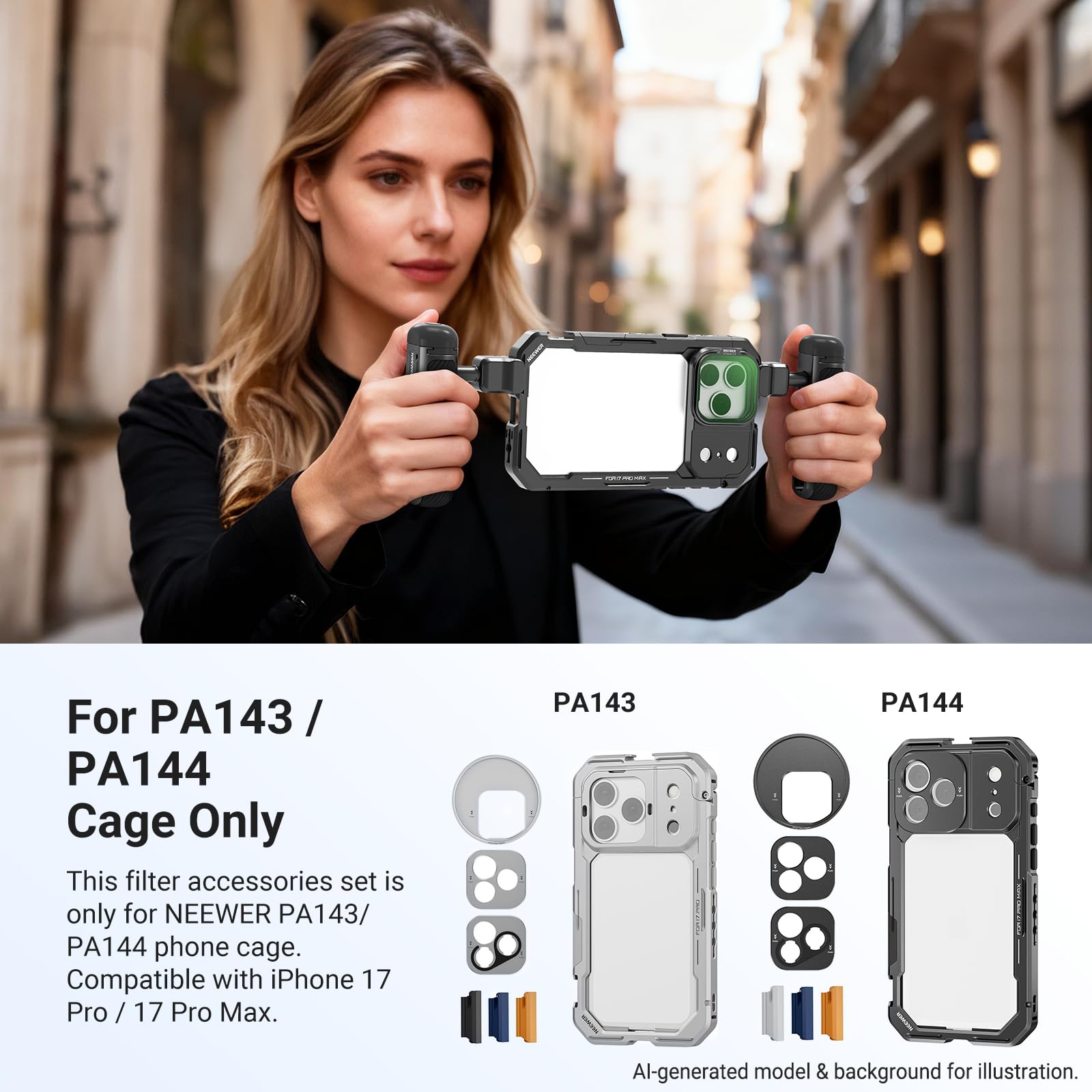 NEEWER Zestaw filtrów ND tylko do klatki smartfona PA143/PA144, szary filtr ND8/16/32/64 + czarna dyfuzja 1/4 + magnetyczna płyta tylna, zestaw akcesoriów do filtrowania, kompatybilny z iPhone 17 Pro