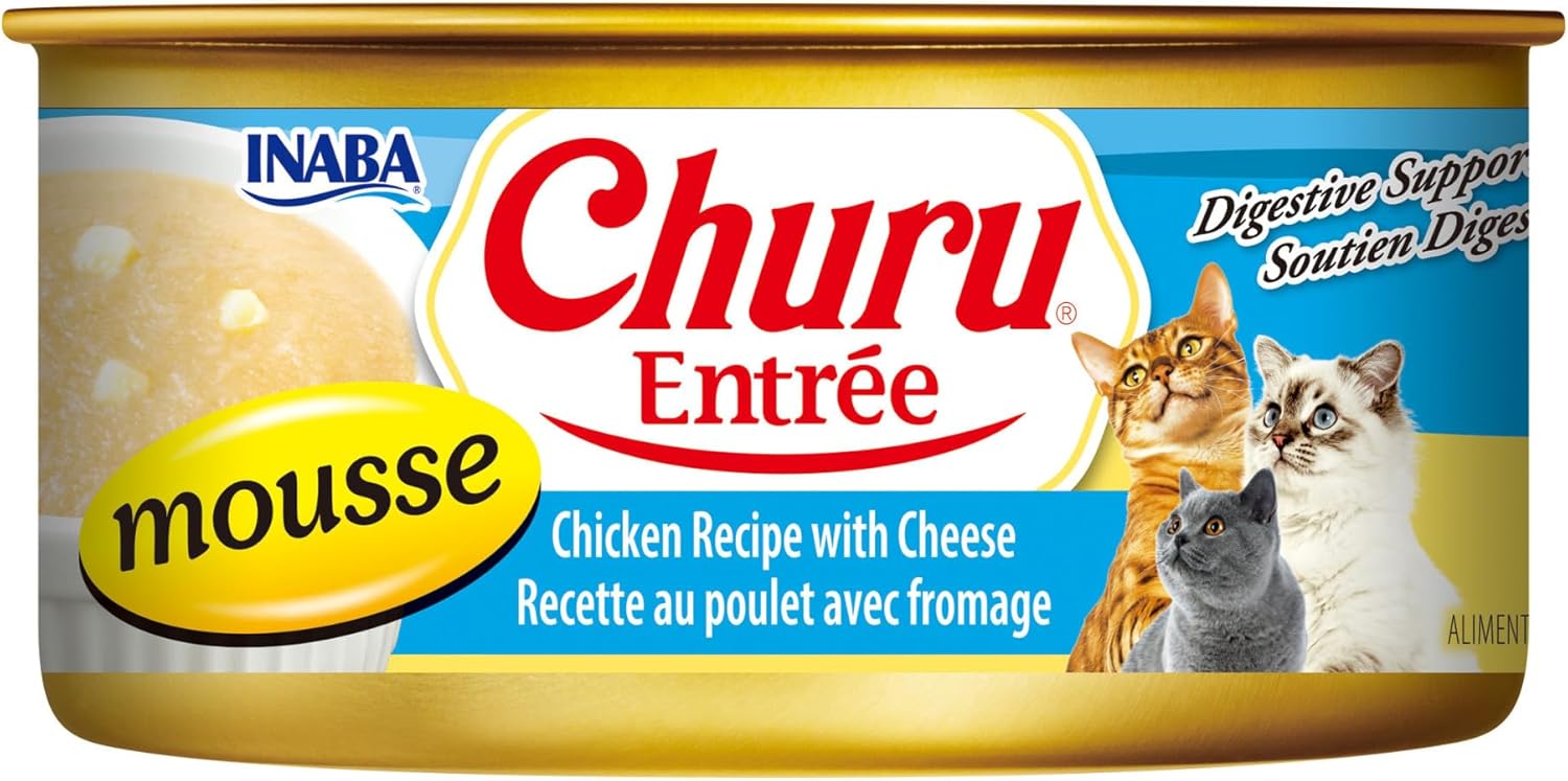 INABA Churu Entrée Mousse for Cats, High Moisture, Prebiotic Wet Cat Food, 5.5oz Cans, 24 Cans Total Chicken Recipe with Cheese