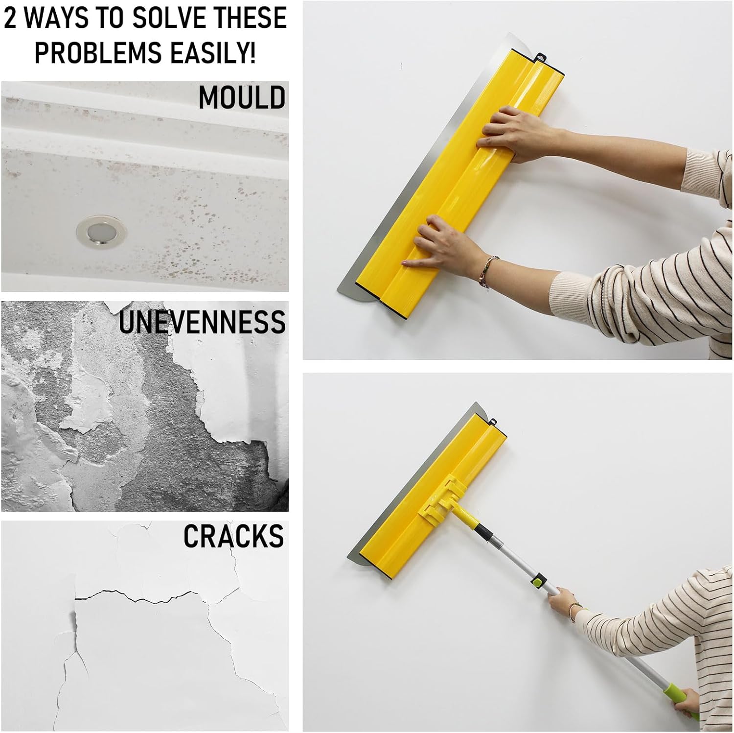 Drywall Skimming Blade Set, Stainless Steel 10”+16”+24” Skimming Blade, 25”-56” Adjustable Length Extension Rod & Angle Holder, Drywall Finishing Tools for Plasterboard and Wallboard