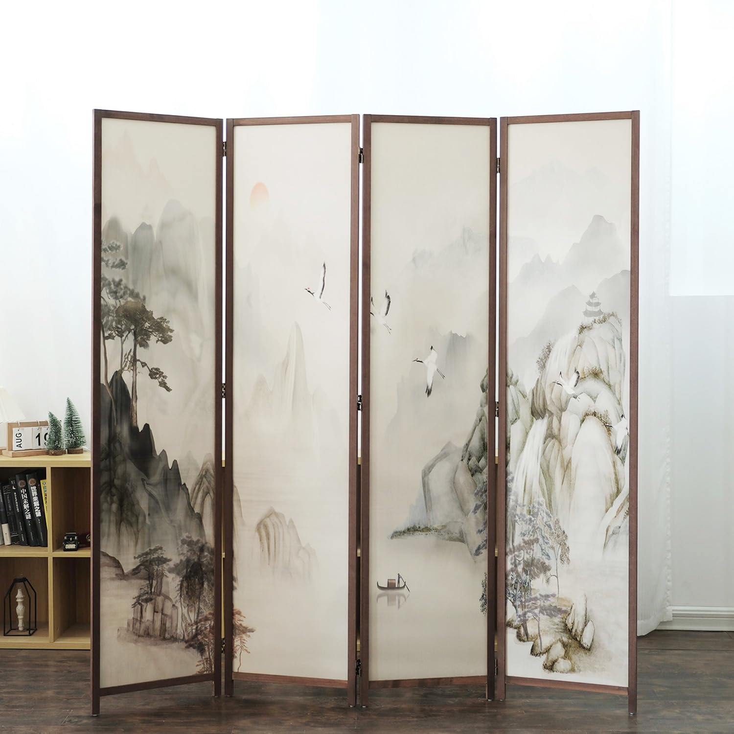Photo 1 of 4 Panel Room Divider Screen,Double Faced Room Divider Folding Wall Divider for Room Separation,Mountains and Waters Landscape,67" H x 63" W
