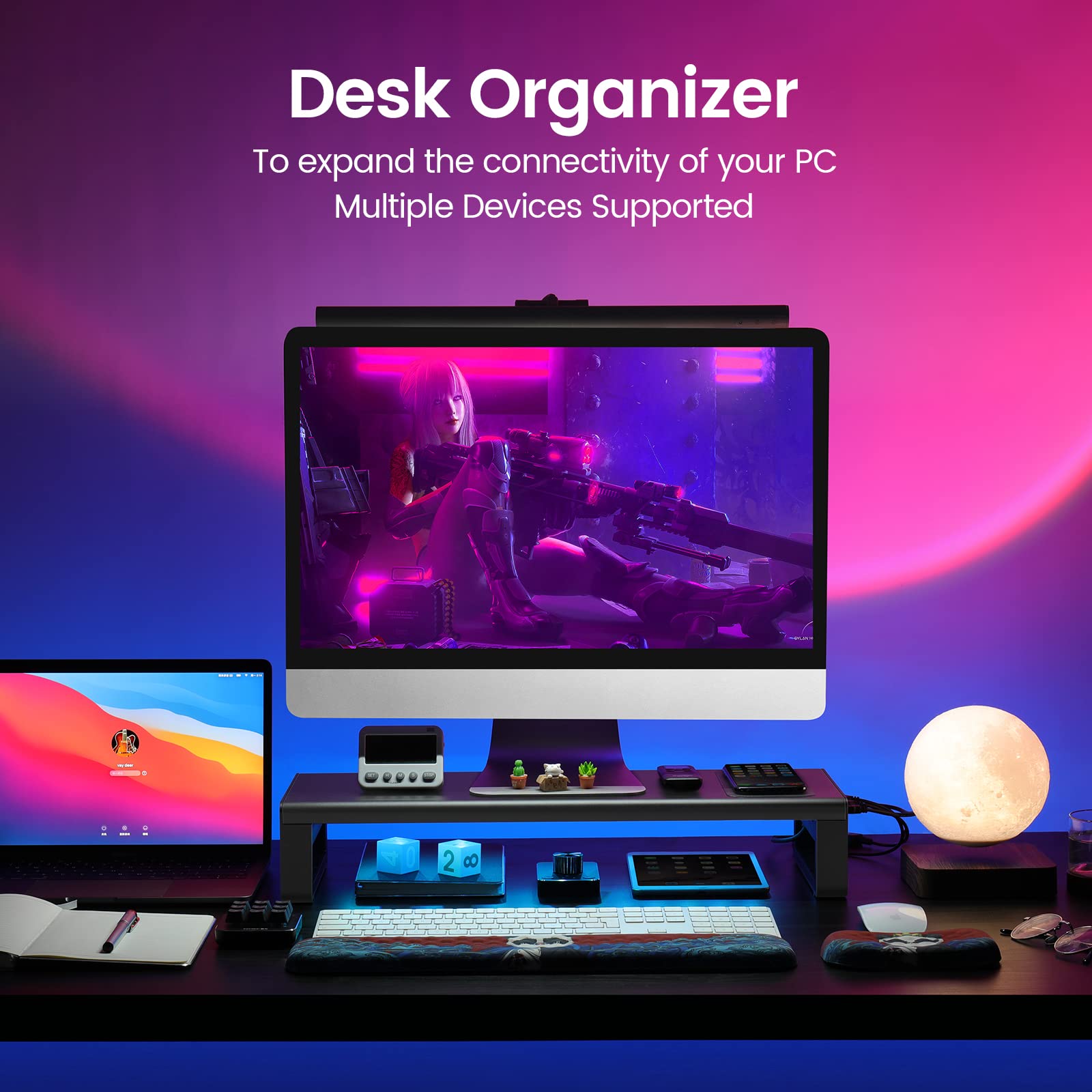 Vaydeer Podwójny Uchwyt na Monitor z Bezprzewodowym Ładowaniem i 4 Hub USB 3.0 - Aluminiowy Uchwyt dla 2 Monitorów do 32 Cali, Komputer, Laptop - Czarny | Bezprzewodowe ładowanie, do monitorów do 32 cali, do komputera i laptopa, czarny