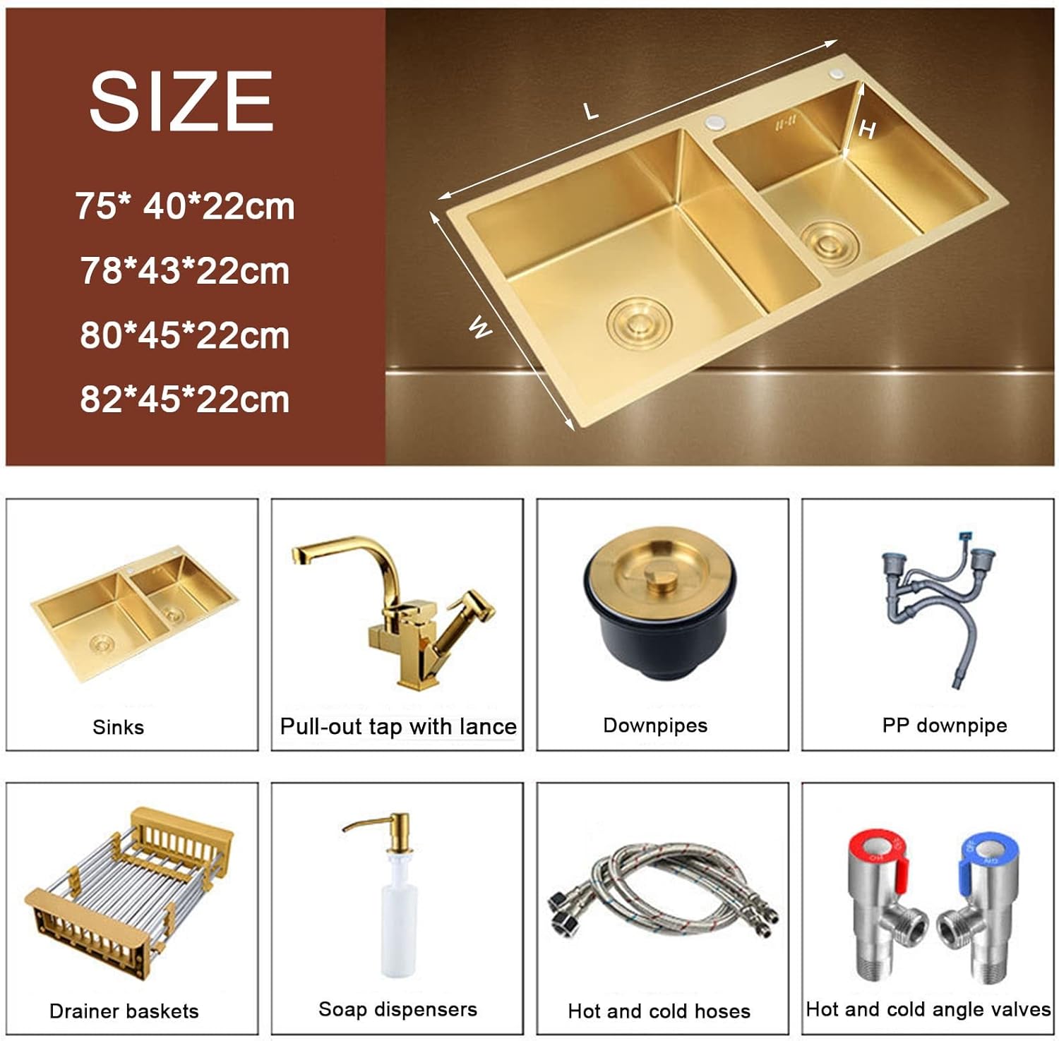 Kitchen Stainless Steel Handmade Household Undermount Sink Workstation Bar Prep 3mm Thick Kitchen,Gold-75 * 40 * 22cm
