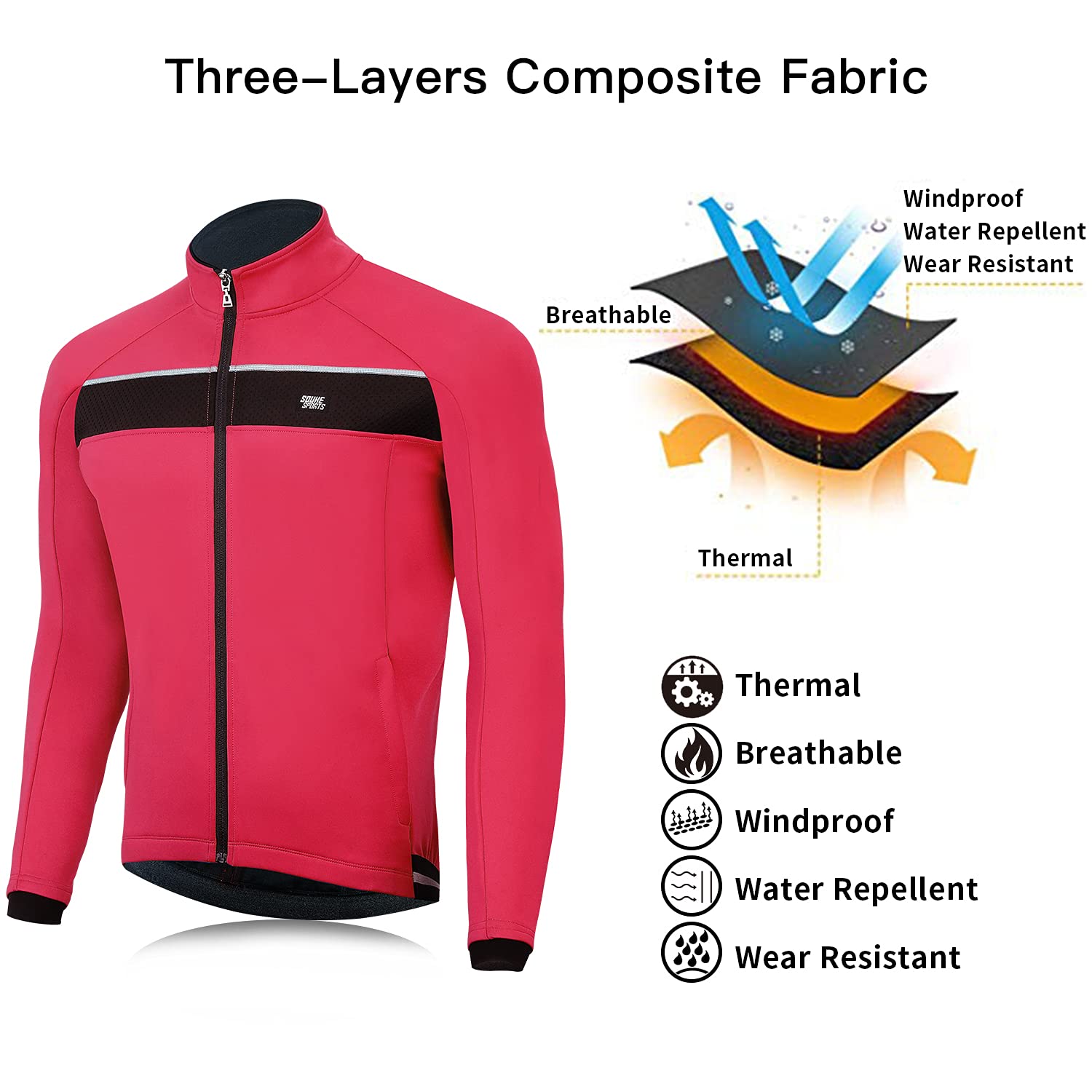 Souke Sports Veste de Cyclisme Coupe-Vent Thermique Imperméable Manche Longue pour Homme avec Matériaux Réfléchissants pour Cyclisme à Randonné, Course à Pied