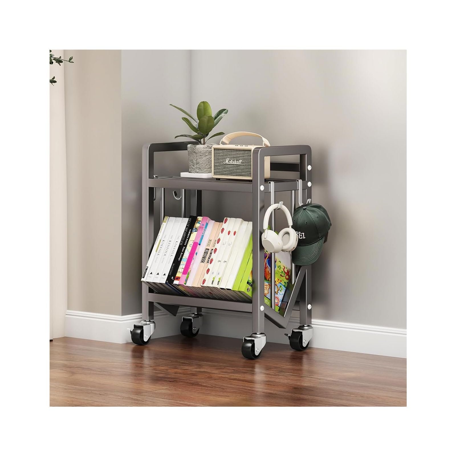 Book Carts with Wheels, Library Rolling Book Cart 2/3/4/5 Tier Movable Bookshelf Mobile Large Capacity L-Shaped Carbon Steel Organizer Rack for Office, Home, Classroom(Gris,2 Tiers-19.7x9.8x20.9in)