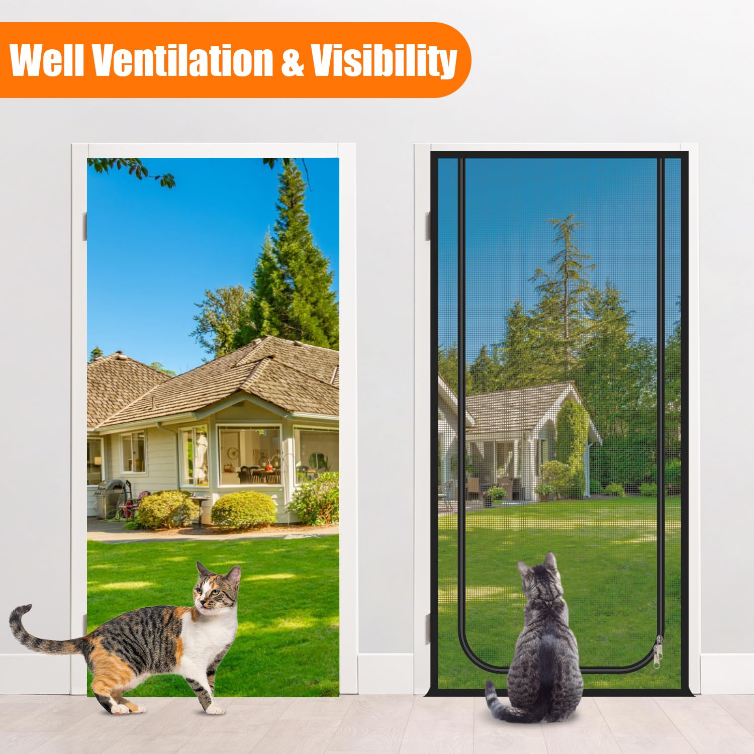 Porte moustiquaire pour chats 85x200cm, porte pour animaux avec fermeture éclair double face, maille renforcée anti-rayures pour chats et chiens (en U - gris)