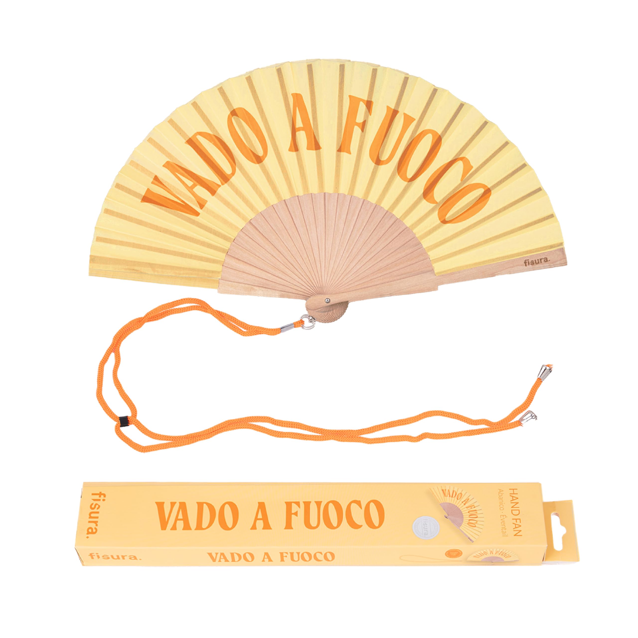 Fisura – Original Folding Handheld Fan with Fun Message vado a fuoco, Wooden Folding Fan for women, Yellow Design with Hanger for Wedding, rave, festival - Size: 42.5 x 23 cm