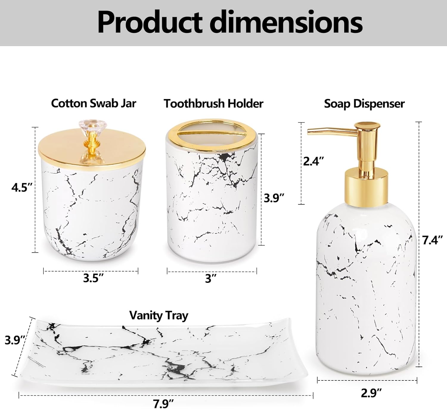 Haturi Glass Bathroom Accessories Set – 4-Piece Marble-Style White and Gold Bathroom Set with Soap Dispenser, Toothbrush Holder, Jar with Lid – Elegant Glass Design for Modern Vanity Décor - Image 3