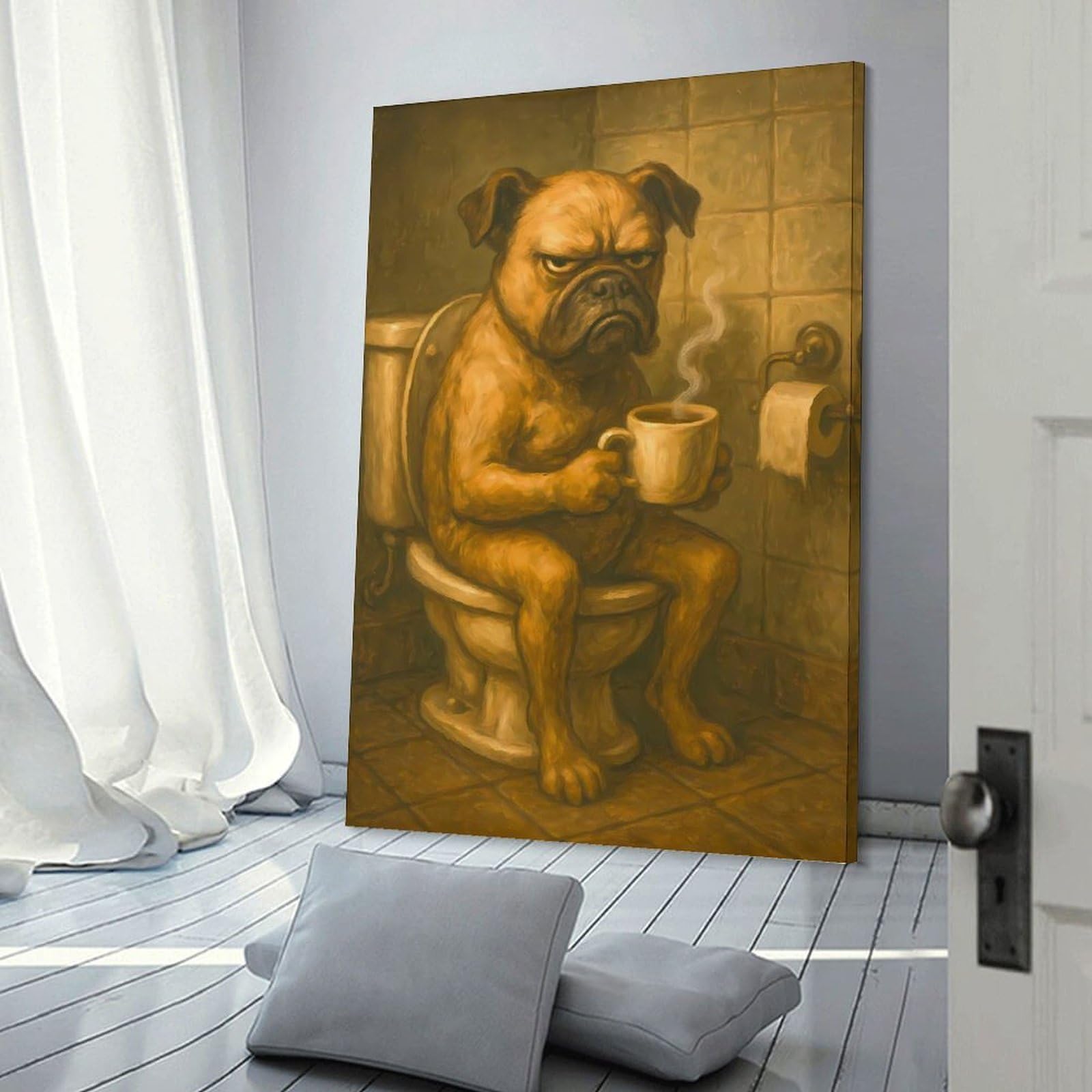 Junmoney Canvas Wall Picture Grumpy Dog on Toilet with Coffee, 20x30inch(50x75cm), for Bedroom Decor, Cosy Corners Or Studios, A Warm Accent for Relaxed Interiors
