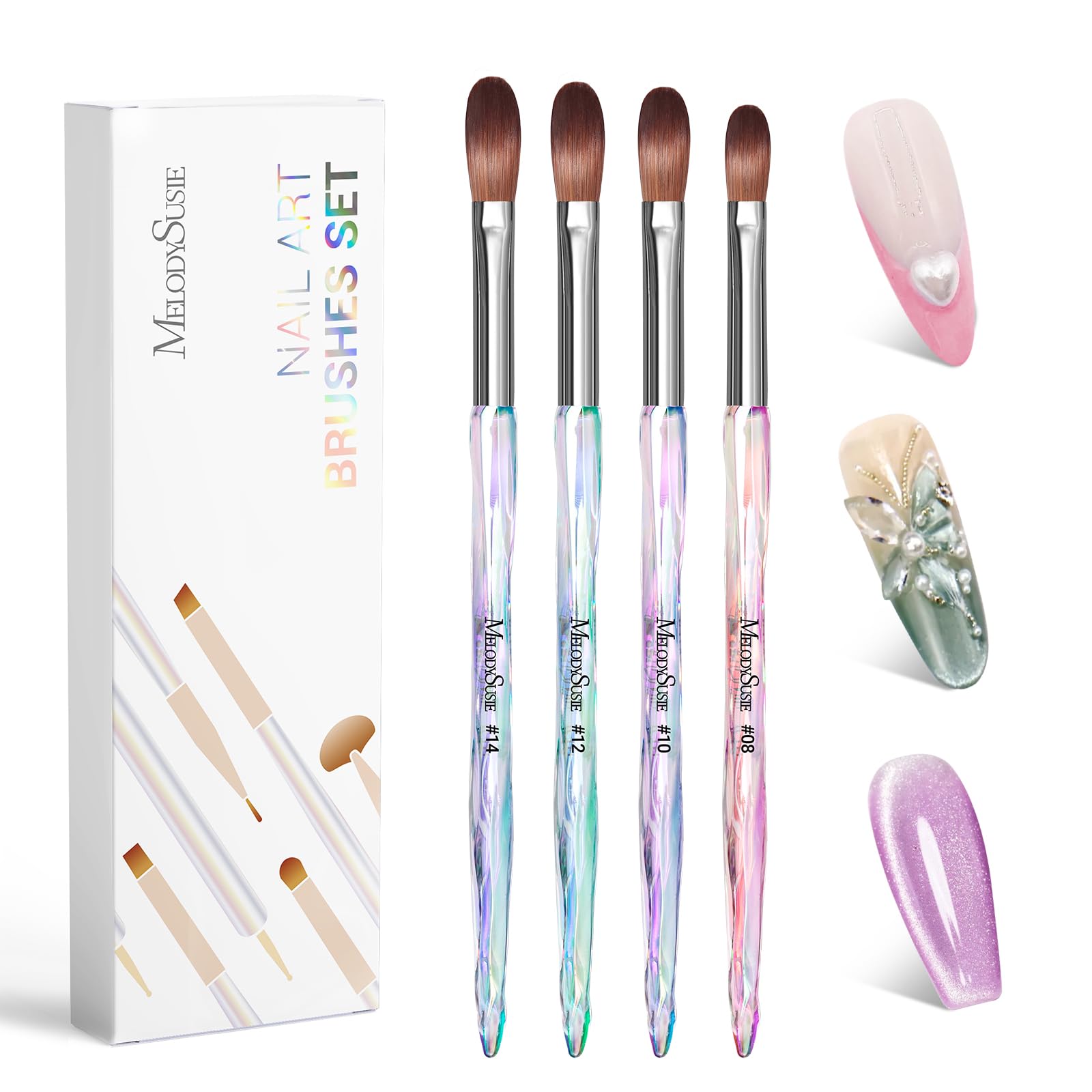 MelodySusie 4Pcs Acrylic Nail Brush Set, Size 8/10/12/14/ Professional Nail Brushes for Acrylic Application Powder Nail Extension and 3D Nail Carving for DIY Home Salon Nail Art Manicure Tool