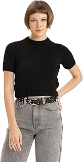 بلوفر تريكو من ديفاكتو للنساء برقبة دائرية ضيقة وأكمام قصيرة وقصة ضيقة، موديل C2056AX