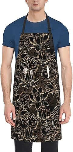 JENKEM Delantal impermeable de flores de loto dorado boho con bolsillos delantales de cocina ajustables babero de cocina para hornear hogar
