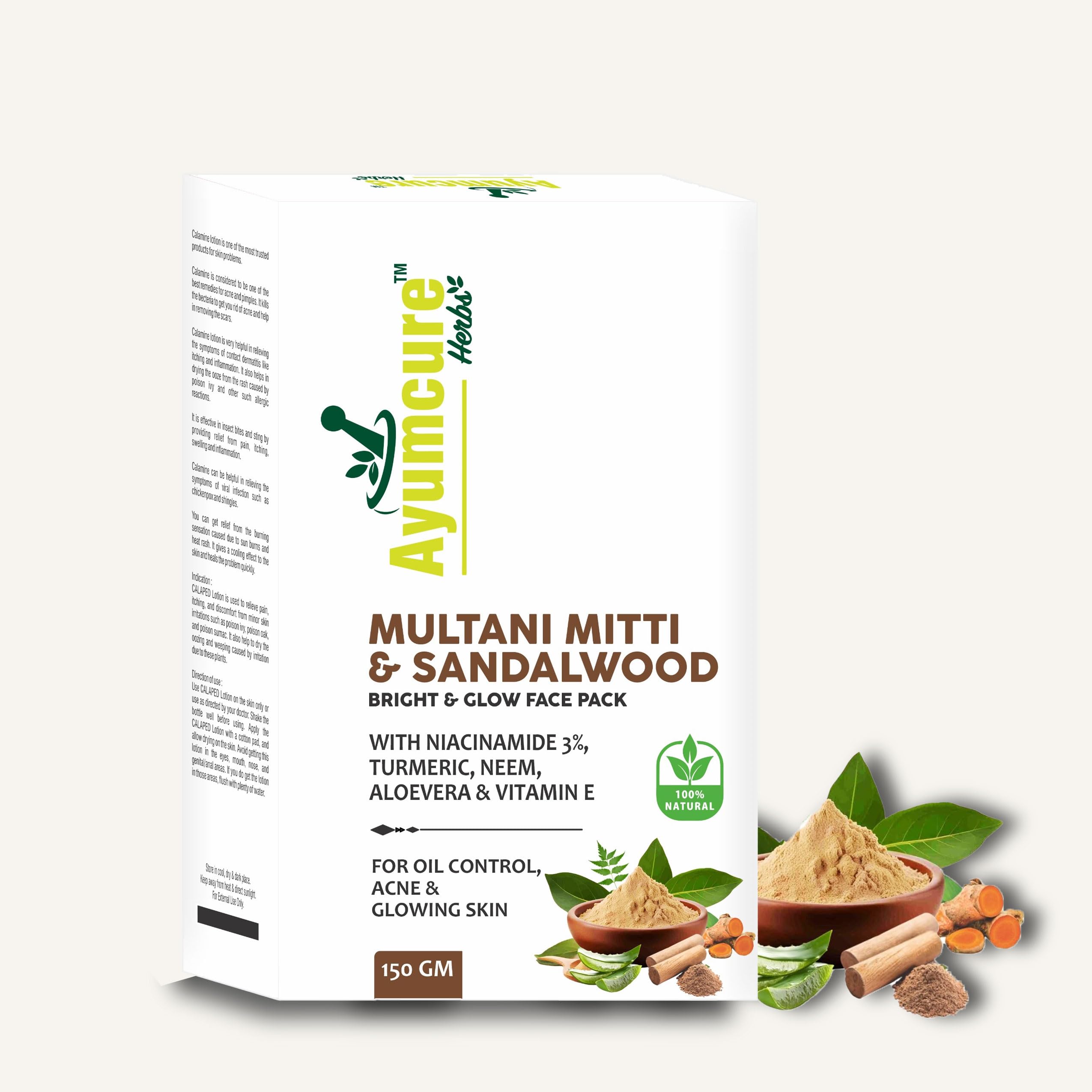 Ayumcure Multani Mitti & Sandalwood Face Pack – 150g | With Niacinamide 3%, Turmeric, Neem, Aloe Vera & Vitamin E | 100% Natural for Oil Control, Acne, Glowing Skin | For Men & Women
