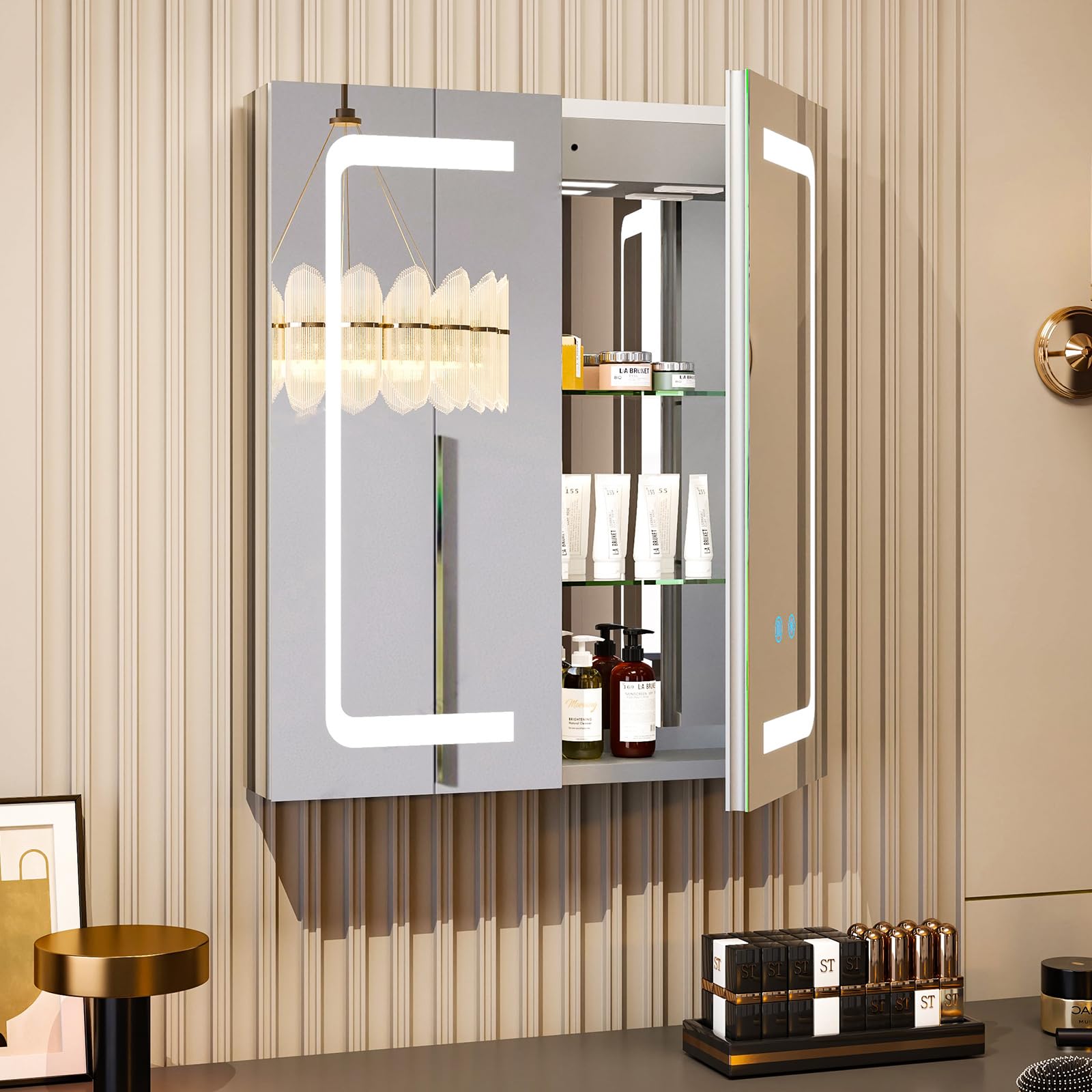 YUEPUIIHUI Armadietto Porta Medicinali Illuminato A Specchio Con Luci LED Regolabili 3 Colori, Antiappannamento, Da Incasso O Parete, Metallo Nero