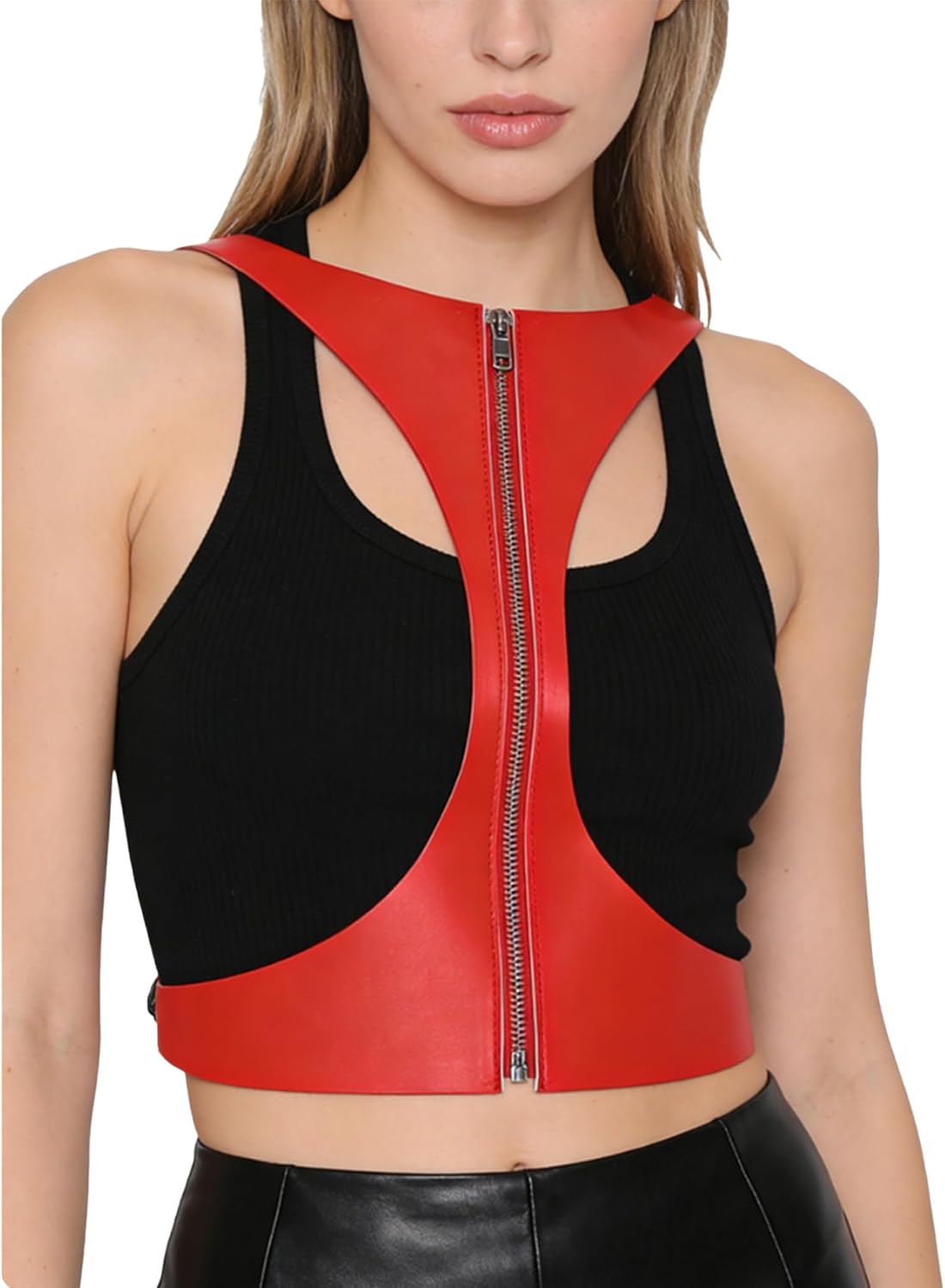 Agoky Womens Sexy Leather Harness Crop Tops Hollow Out Front Zipper Body Chest Belt Tops Costumes