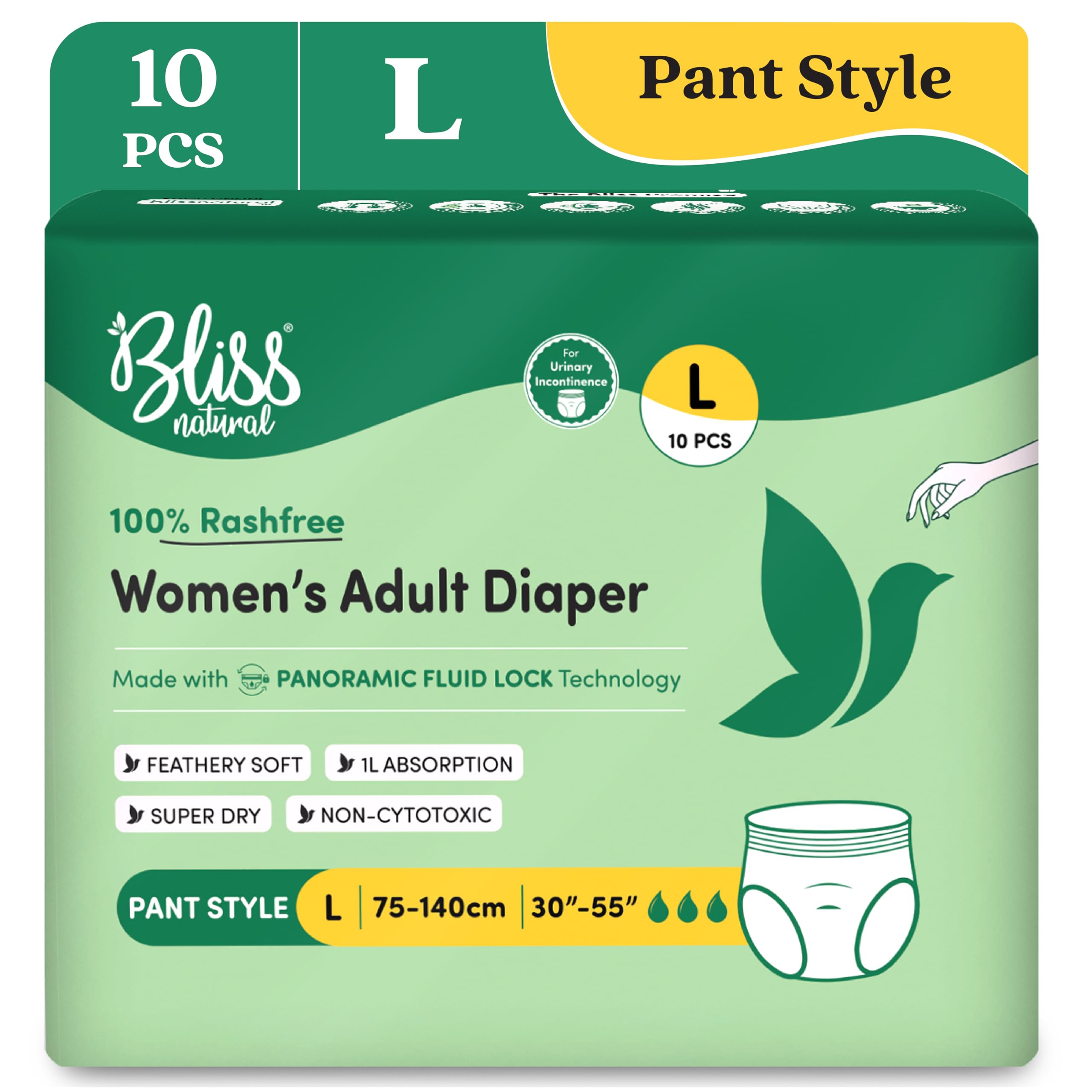 BLISSNATURAL Rash Free Adult Diapers Pants (Pack of 10) L Size (30"-55" Inch) | Pull-Up Pants With Wetness Indicator | Easy to Wear and Remove Diaper | Odour Free & 100% Leakproof Protection-image-49