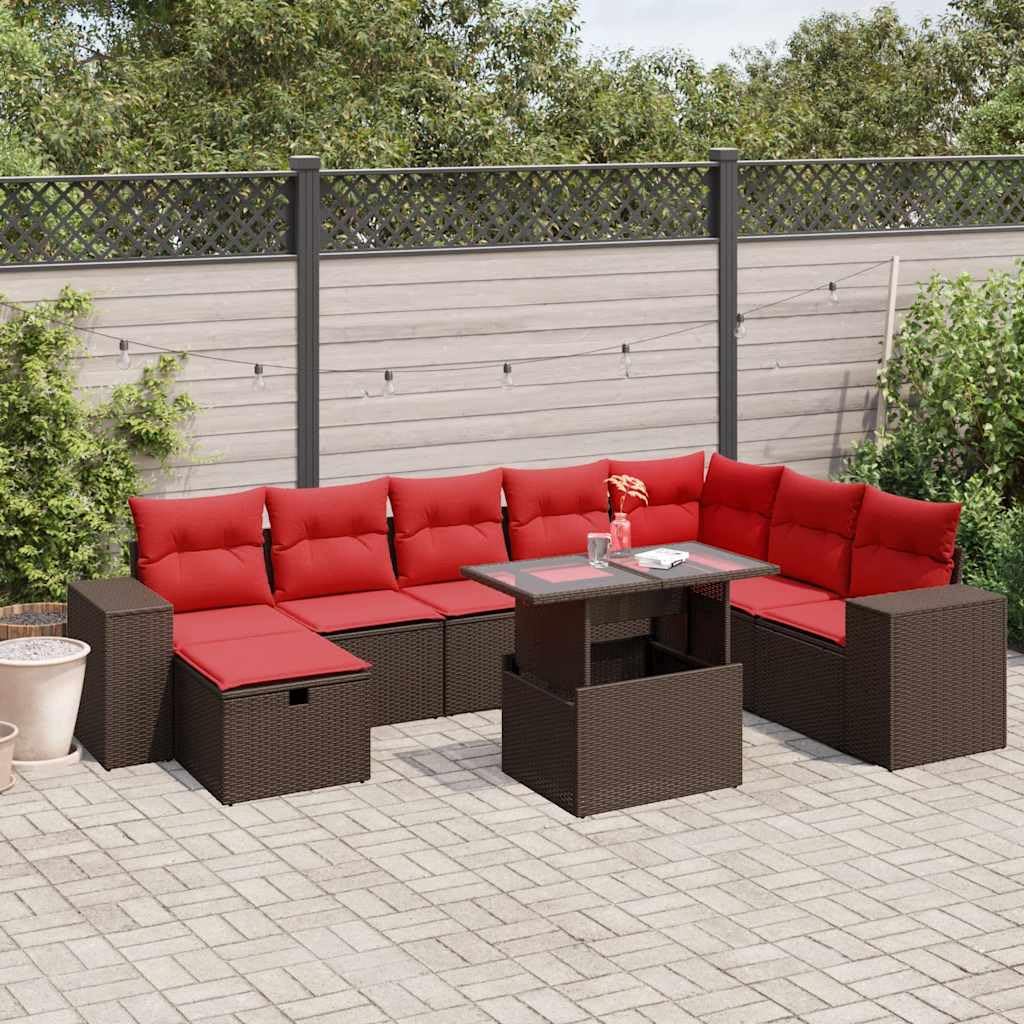 Set Divani da Giardino 9 pz con Cuscini Marrone Polyrattan Rattan Intreccio Resistente per Relax Cena e Conversazione in Esterno