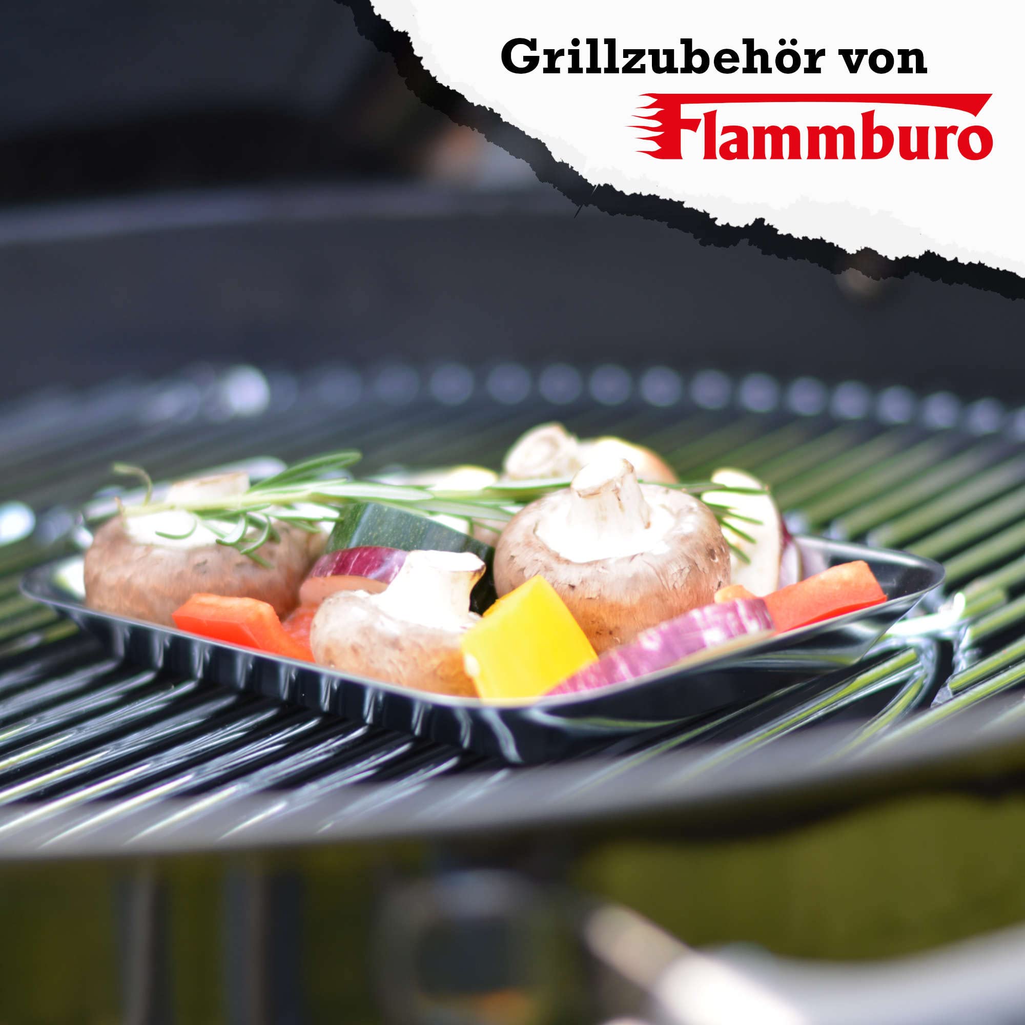 FLAMMBURO Grillpfännchen 2er Set - Zwei Pfännchen aus Edelstahl zum indirekten Grillen und Vier Schaber aus Bambus. Die Schaber können auch als Griff eingesetzt Werden. – Für kleines Grillgut