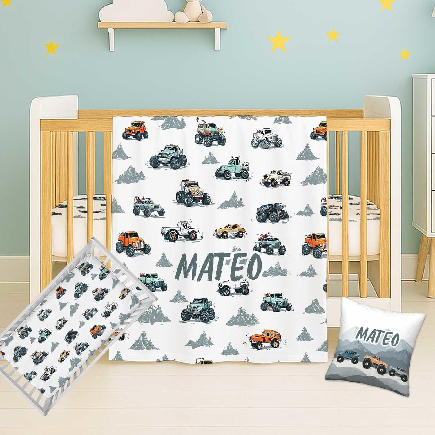 Personalized Baby Girl Crib Bedding Set, Custom Name Floral Rabbit Nursery Bedding, 3 Pcs with Flannel Blanket, Fitted Crib Sheet & Pillowcase for Newborn Infant Toddler