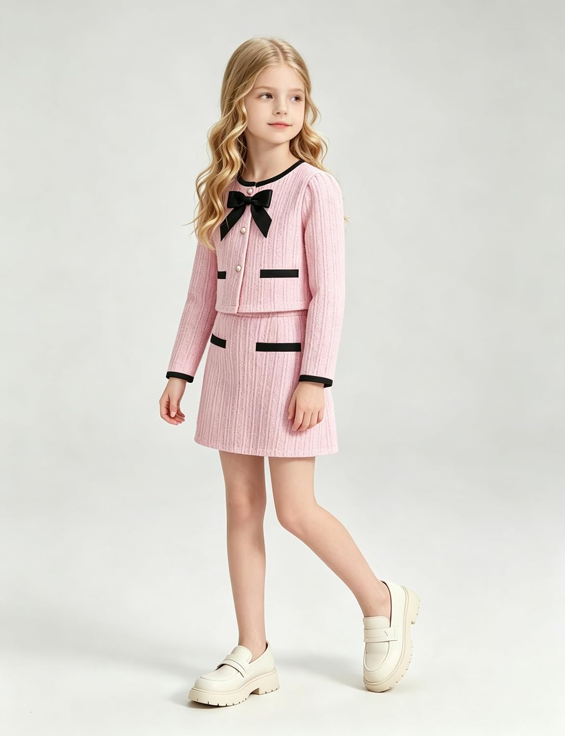 oklady Girls 2 Piece Skirt Set, Tweed Bow Jacket & Mini Skirt