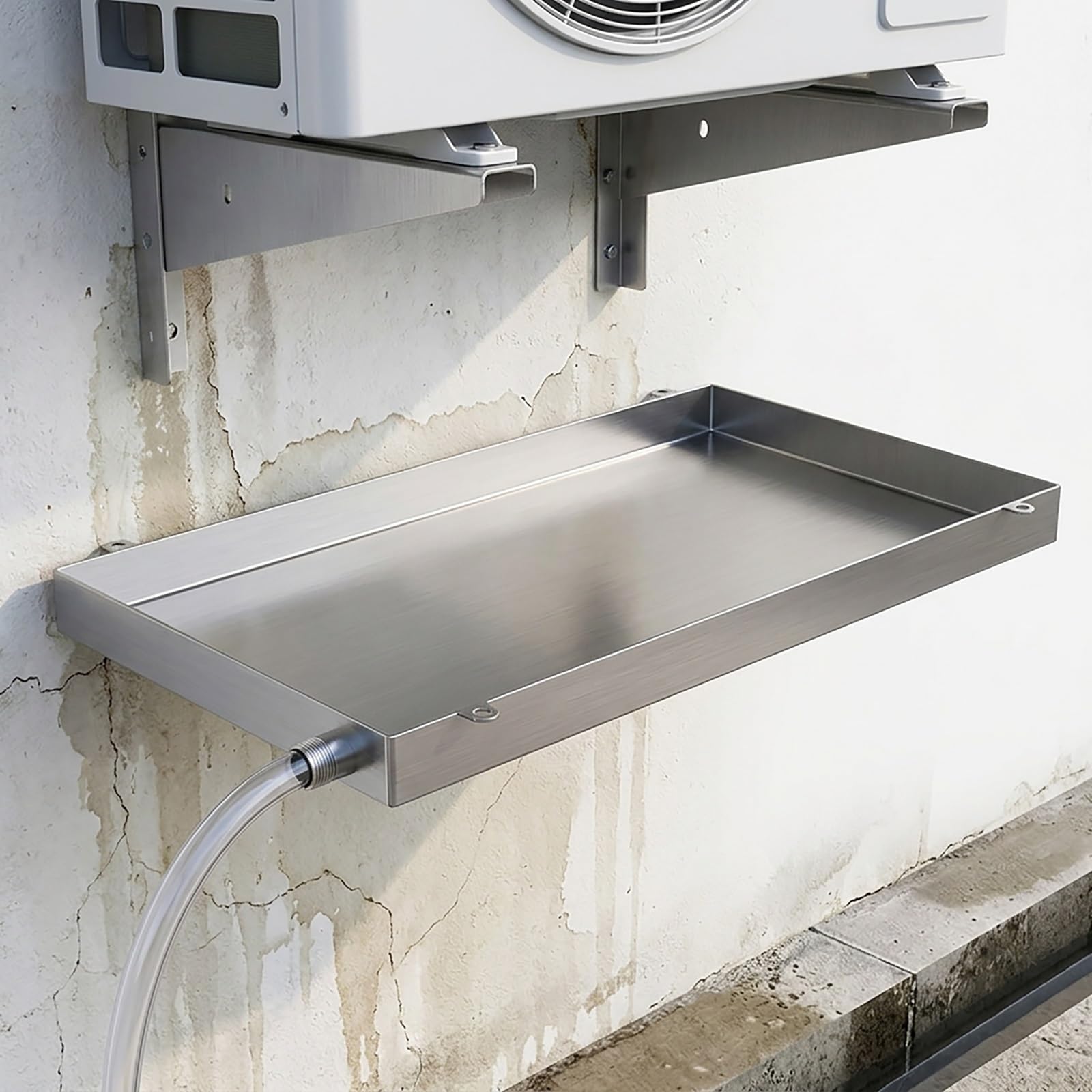 Vaschetta Raccolta Condensa Condizionatore Inox, Vassoio Scarico Aria Condizionata Con Tubo e Morsetti, Bacinella Acqua Unità Esterna Climatizzatore Muro(40x40cm)