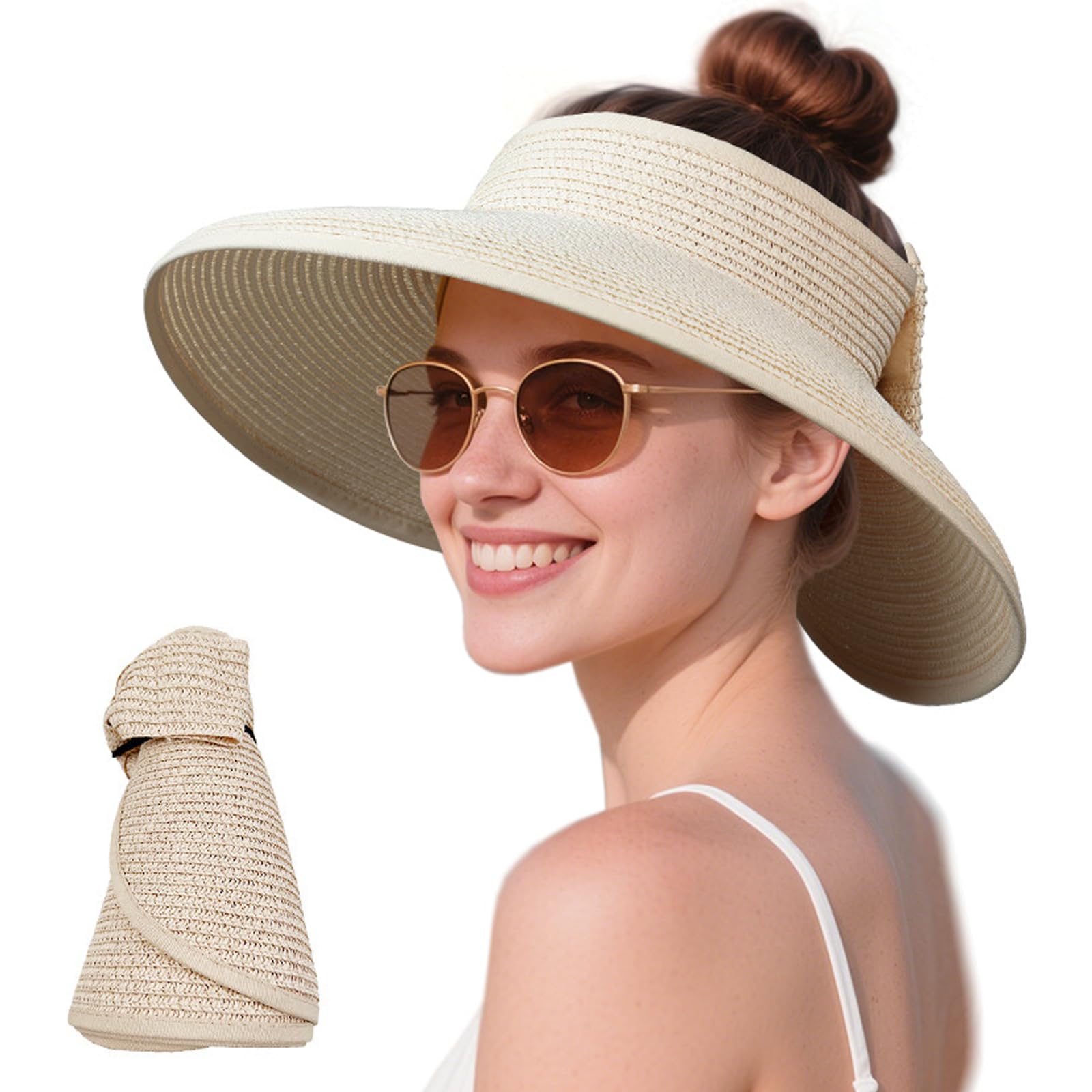 MLPKOI Sun Hats for Women Foldable Straw Sun Visor Hats Packable Wide Brim Ponytail Summer Beach Hat with Bowknot UPF 50+ Beige