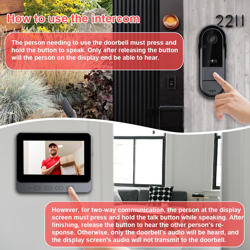 Winnes Timbre de vídeo inalámbrico con Pantalla, cámara de Timbre Exterior 1080P, Compatible con conexión inalámbrica Bluetooth 2.4G, Resistencia al Agua IP65, sin Necesidad de WiFi ni aplicación.