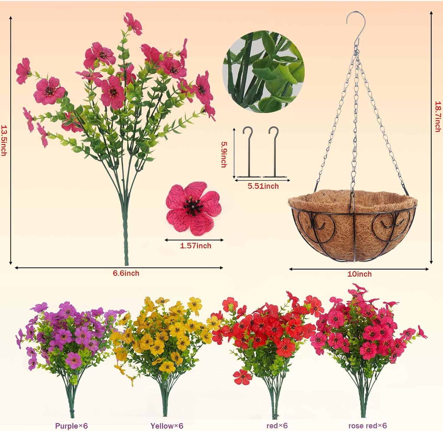 Artificial Hanging Flowers Plants 2 Set,Faux Flowers Basket for Outdoor Porch Decor,Valentine's Day Fake Silk UV Sun Resistant Colorful Life-Like Hanging Flower for Garden Balcony Yard Dector - Image 3