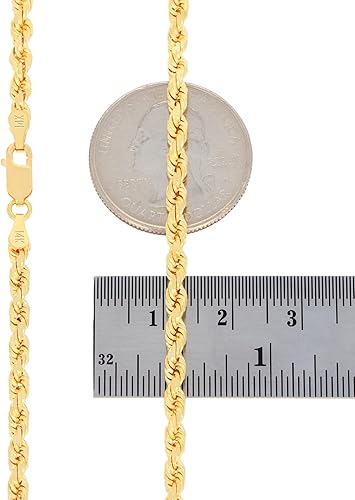Miniatura 9 de Nuragold 14k Real Yellow Gold 3mm Solid Rope Chain Diamond Cut Necklace (16"-30") Italian Jewelry for Men & Women