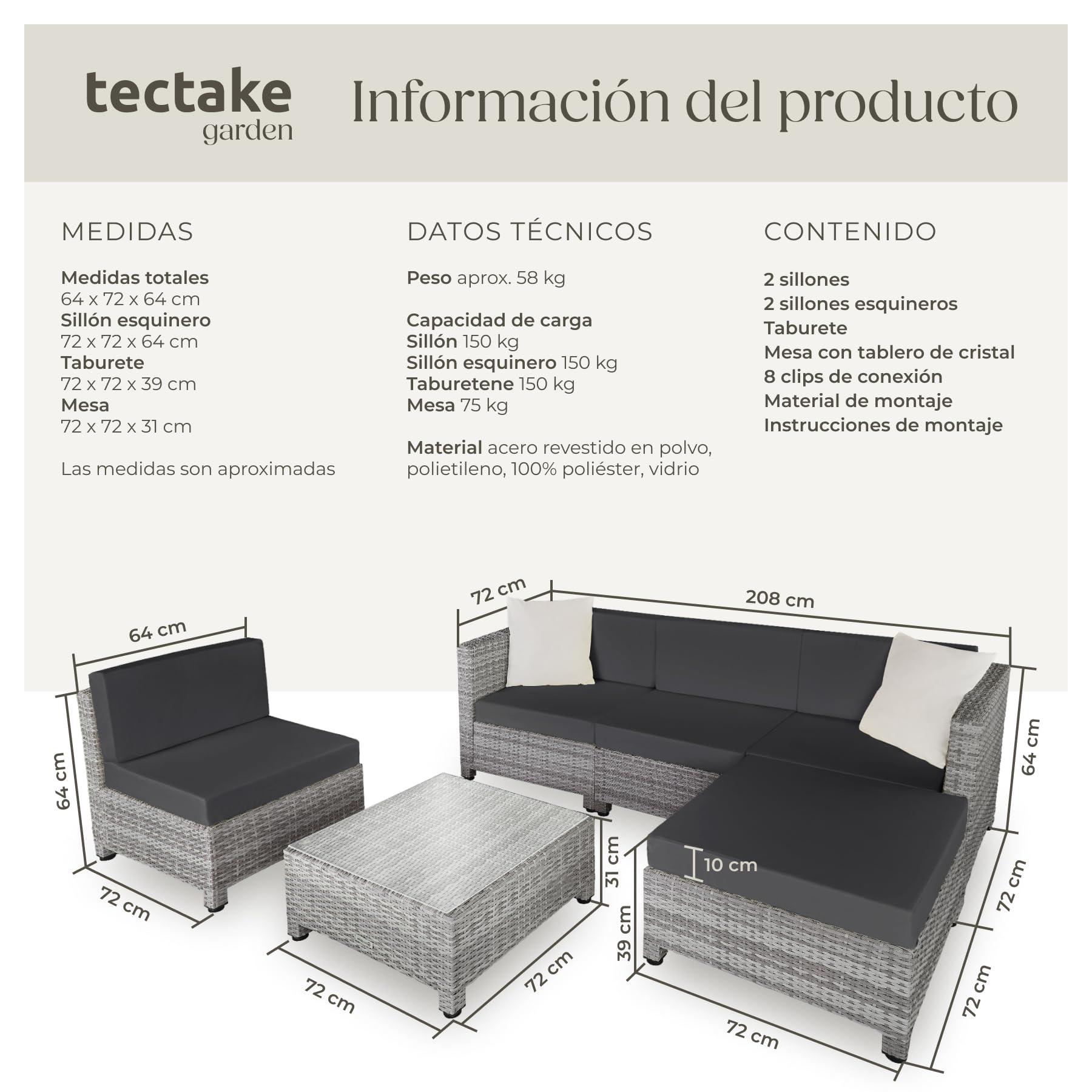tectake® Conjunto Jardín de Ratán con Cojines y 2 Juegos de Fundas, Conjunto Terraza Resistente a la Intemperie, Muebles Jardín Exterior 4 Sillones, 1 Mesa, 1 Puf, con Tornillos en Acero - Gris Claro
