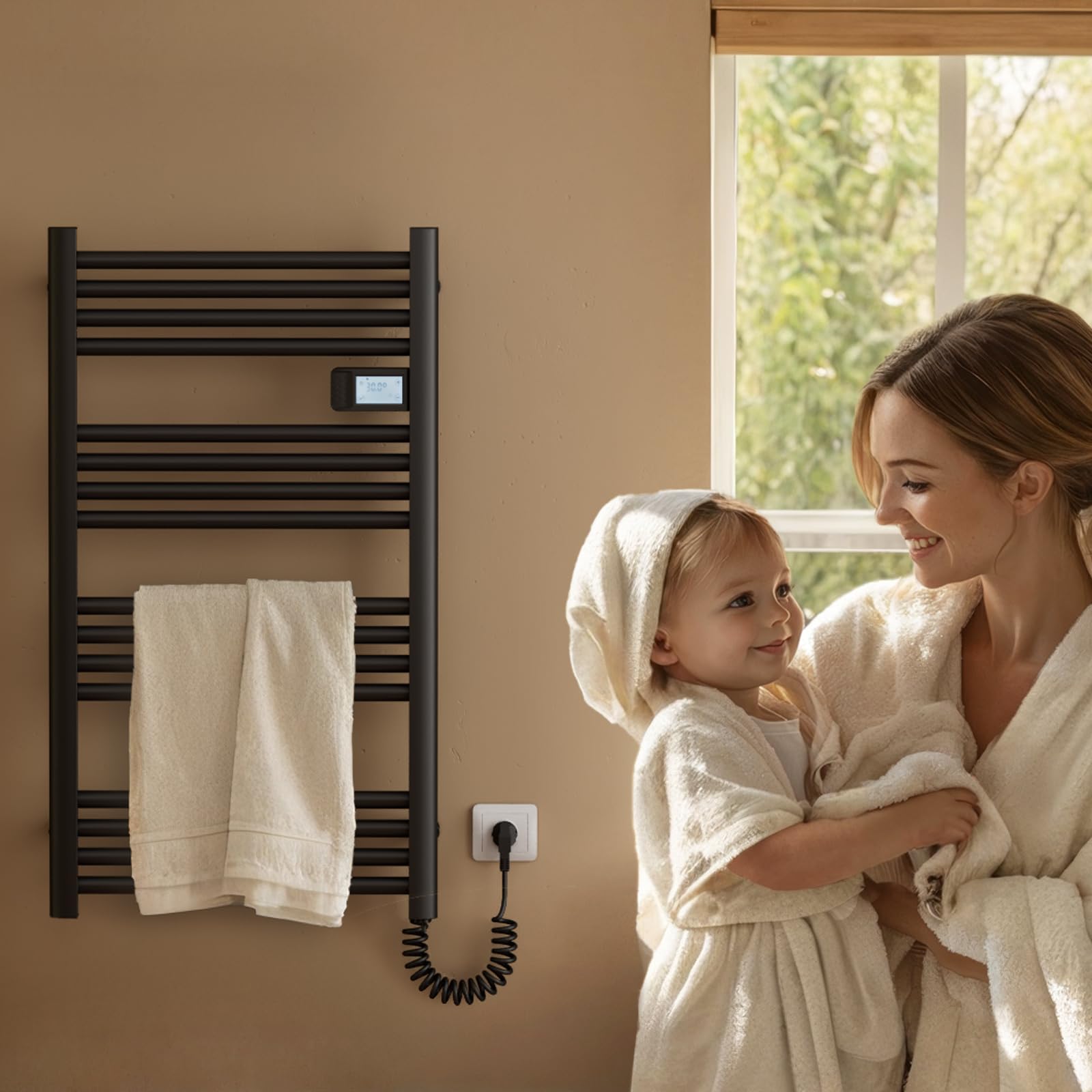 EMKE Scaldasalviette Elettrico 1200 x 400 mm, Radiatore per Bagno Elettrico con Interruttore Touch e Timer, scaldasalviette Nero 450W，Termoarredo elettrico