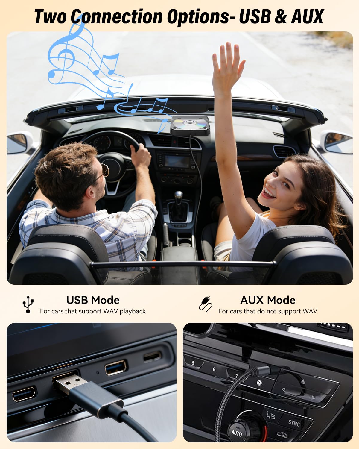 MONODEAL Externer CD Player für Auto, Plug-and-Play Auto CD-Player mit USB/AUX Anschluss, Universeller USB CD Laufwerk für Fahrzeug, Laptop, Fernseher
