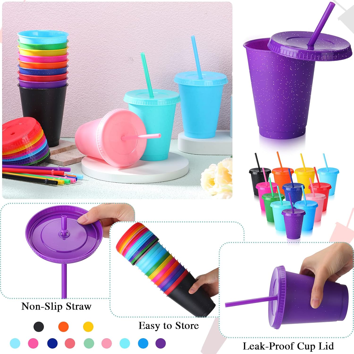 36 Pcs Glitter Reusable Tumbler with Straws and Lids,Plastic Cup with Lids and Straws Bulk,Water Bottle Iced Coffee Cold Drink Travel Mug,Colorful Cups for Party Birthdays (16 Oz/ 500 Ml)