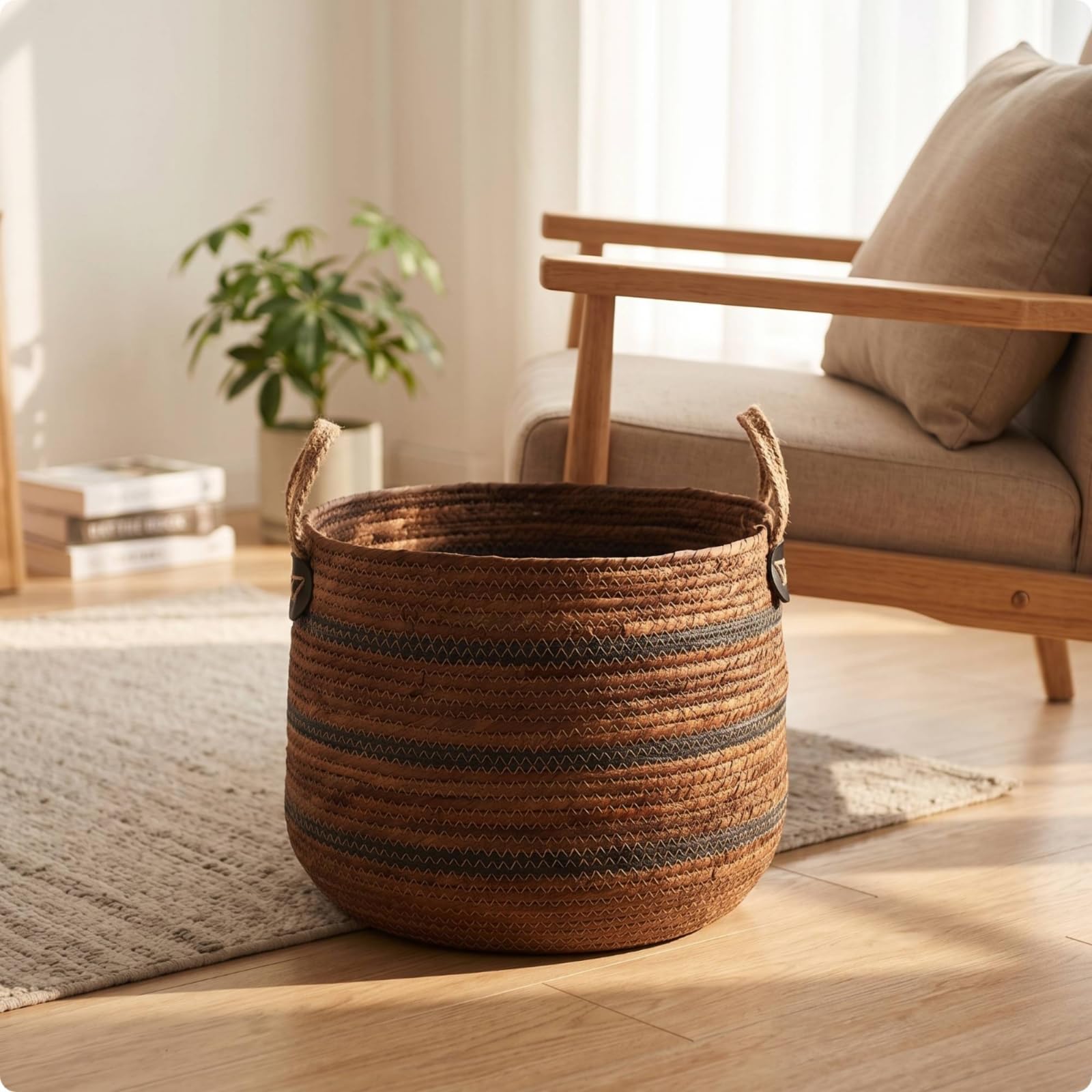 Cesto Portatutto Cesto Contenitore Cesta Intrecciata Cesto Decorativo in Corda a Bocca Aperta con Presa per Tenere in Ordine Giocattoli Plaid E, Marrone Scuro, Medio 35 27 Cm