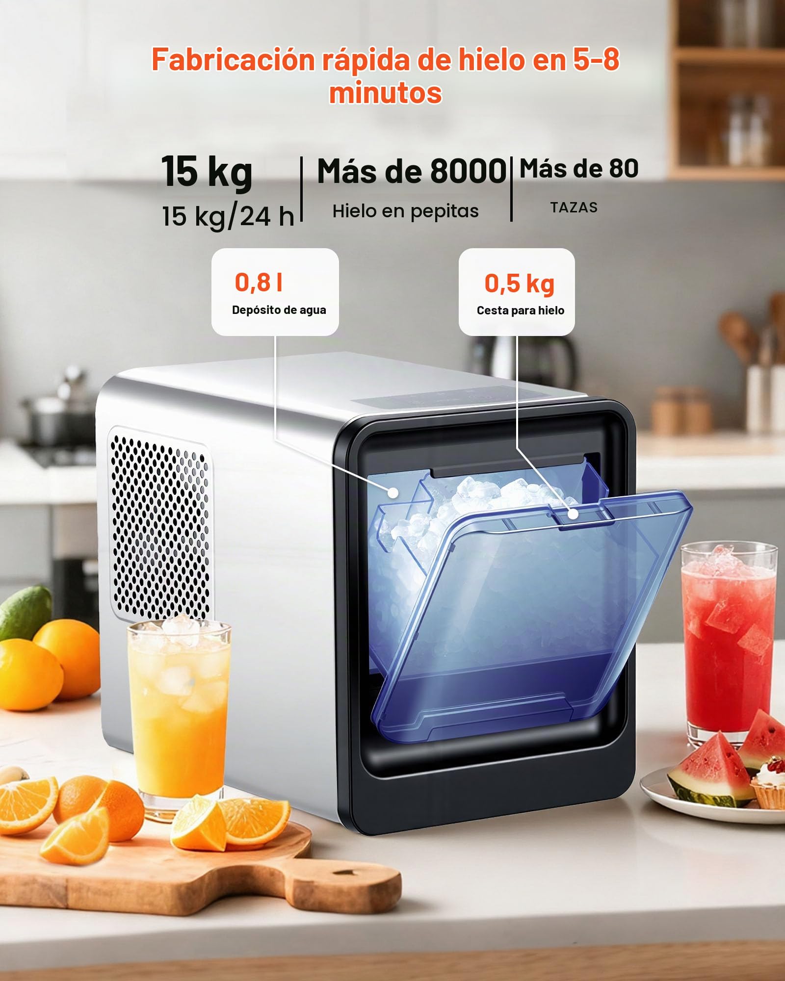 VEVOR Máquina de Hielo en Pepitas de Encimera 15 kg/24 h, Máquina de Hielo Masticable en Pepitas Autolimpiable con Cuchara, Tanque de Agua de 0,8 L, para Hogar, Cocina, Oficina, Bar, Fiestas