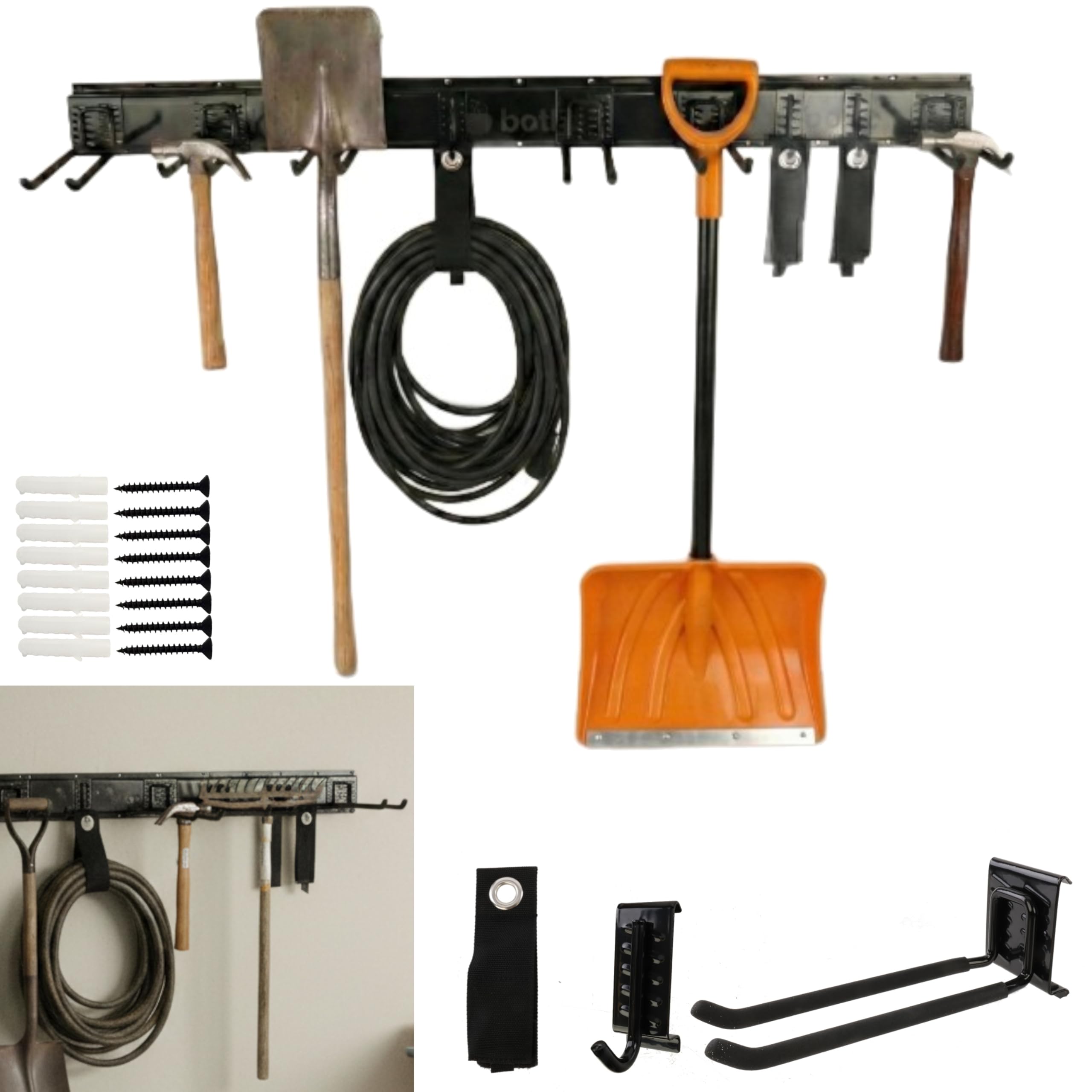 botle Soporte de pared para herramientas, organizador de herramientas de acero de 122 cm, estante de pared modular, soporte para herramientas, 9 ganchos, garajes, sótanos, talleres, escaleras, cables