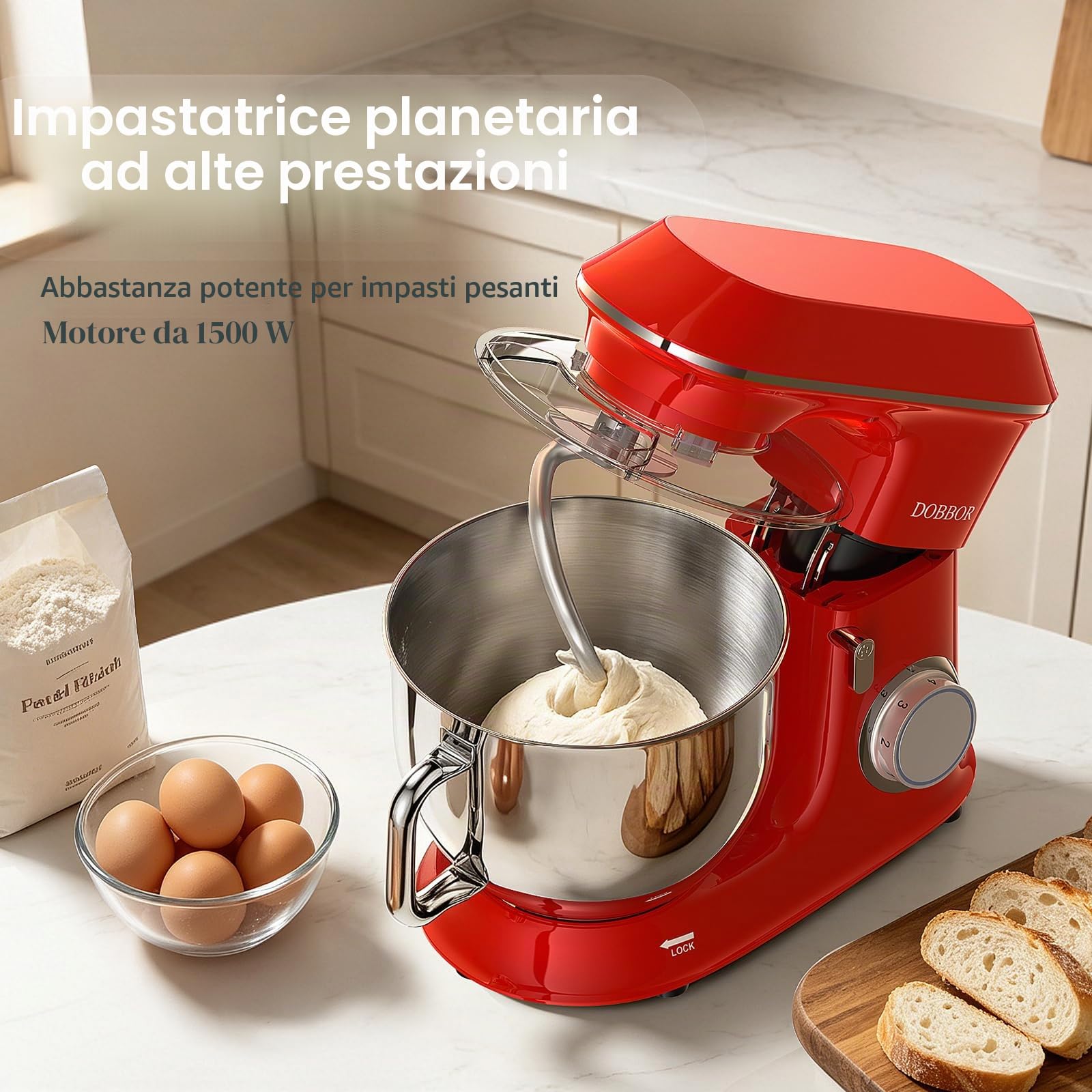 9.5Litri Impastatrice planetaria, DOBBOR 1500W Robot da Cucina con ciotola di acciaio inossidabile, 7 velocità con Gancio per Impastare, Frusta, Sbattitore, Ciotola e Coperchio (Rosso)