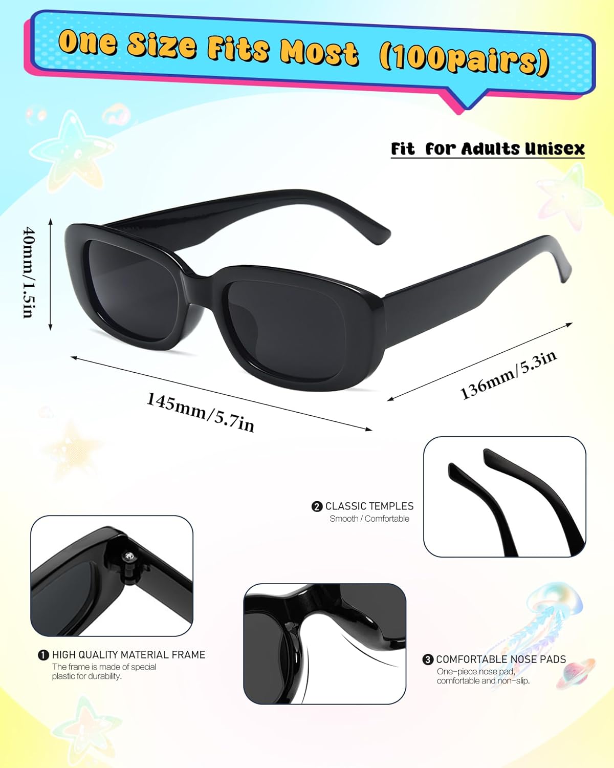 Pibupibu Wholesale 100 Pairs 90s Retro Rectangle Sunglasses Bulk Adults Unisex, Fun Colorful Y2k Glasses Party Favors
