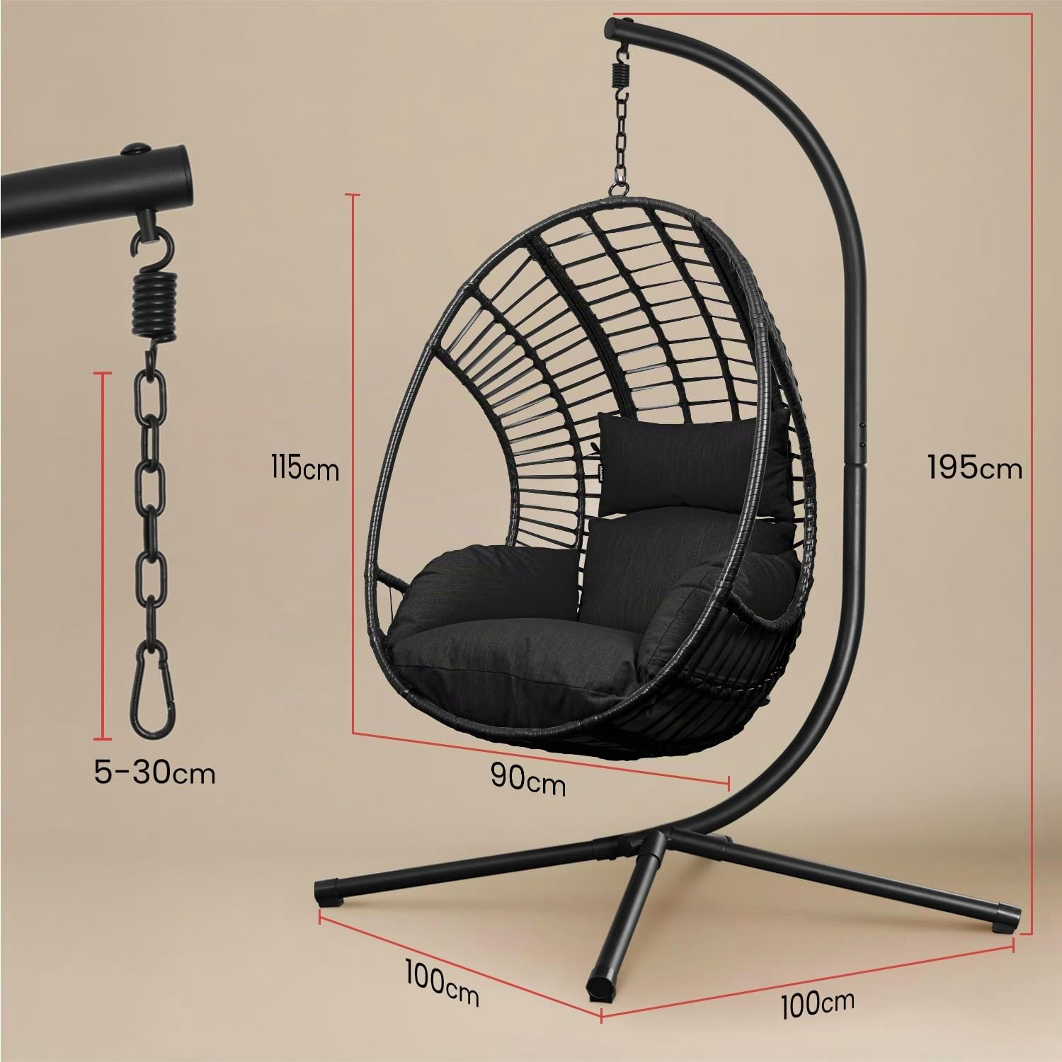 Swoods XXL poltrona sospesa - poltrona sospesa da giardino - Per uso interno ed esterno - con cuscino - resistente alle intemperie - portata fino a 150 kg (Nero)