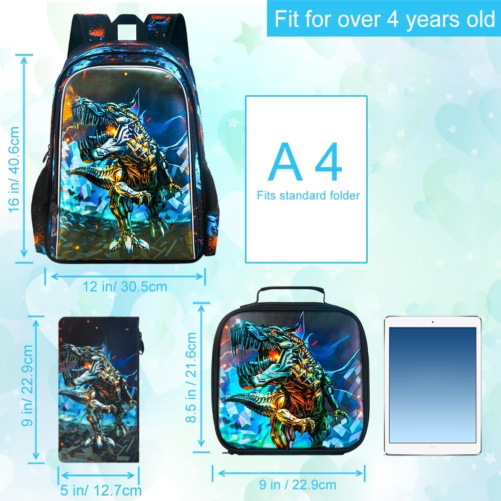 CCJPX 3PCS Kids Backpack for Boys, 16 Inch Dinosaur Water Resistant Preschool Backpacks, Kindergarten School Bookbag with Lunch Box for Toddler Travel - Image 4