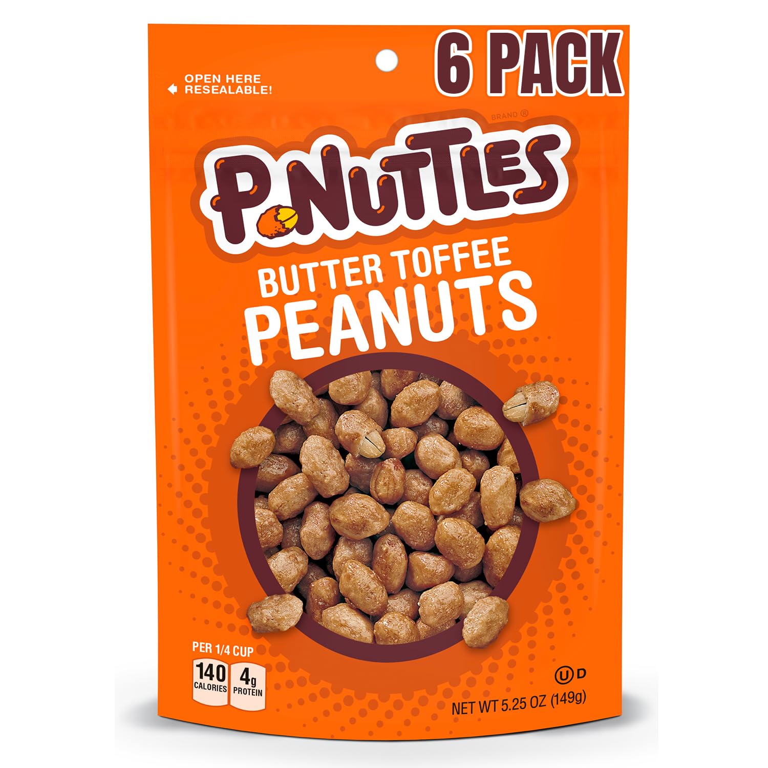 Butter Toffee Covered Peanuts, 5.25 Oz Resealable Bag (Pack of 6) - Sweet & Salty Candied Peanuts Snacks - Perfect for Parties, Travel & Gatherings - Kosher Certified Crunchy Gourmet Snacks