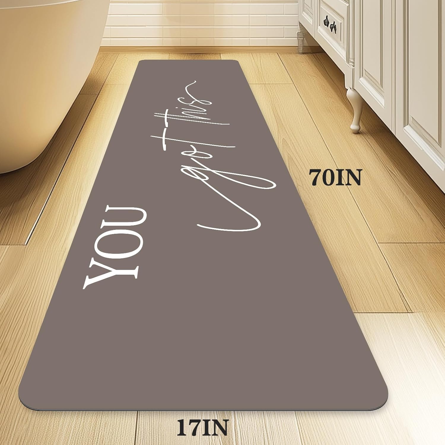 bath mat - super absorbent non slip quick dry thin rubber mats for bathroom floor, fit under door, shower rug for bathtub, beige rectangle white-grey 5'10" x 1'5" (rectangular)