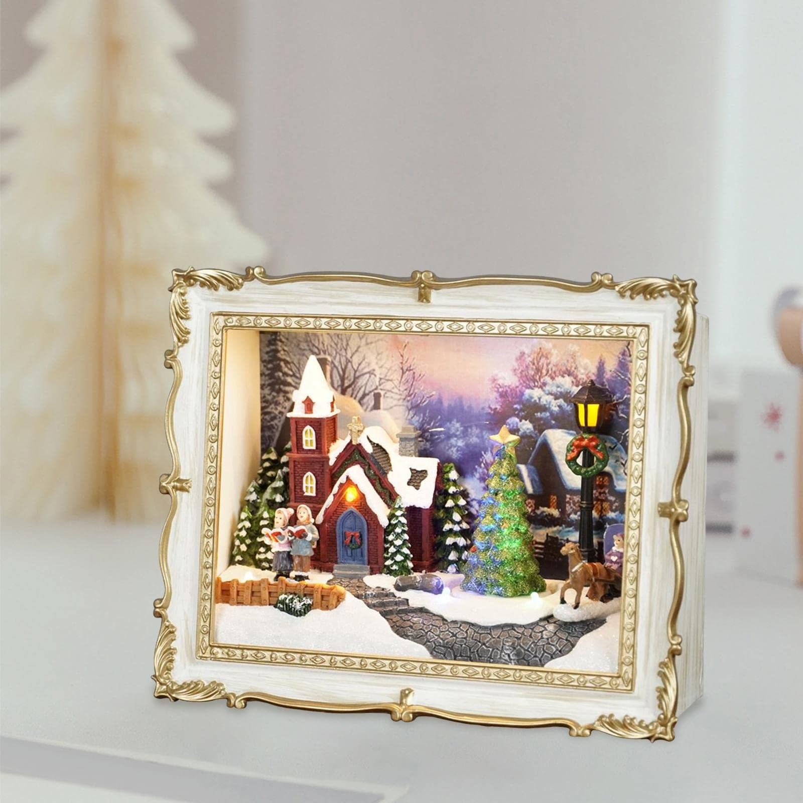 Decorazione Natalizia a Forma di Casa di Paese, Albero di Natale Rotante, Villaggio Invernale Innevato, Edifici, Statuetta in Resina, Set di Città di