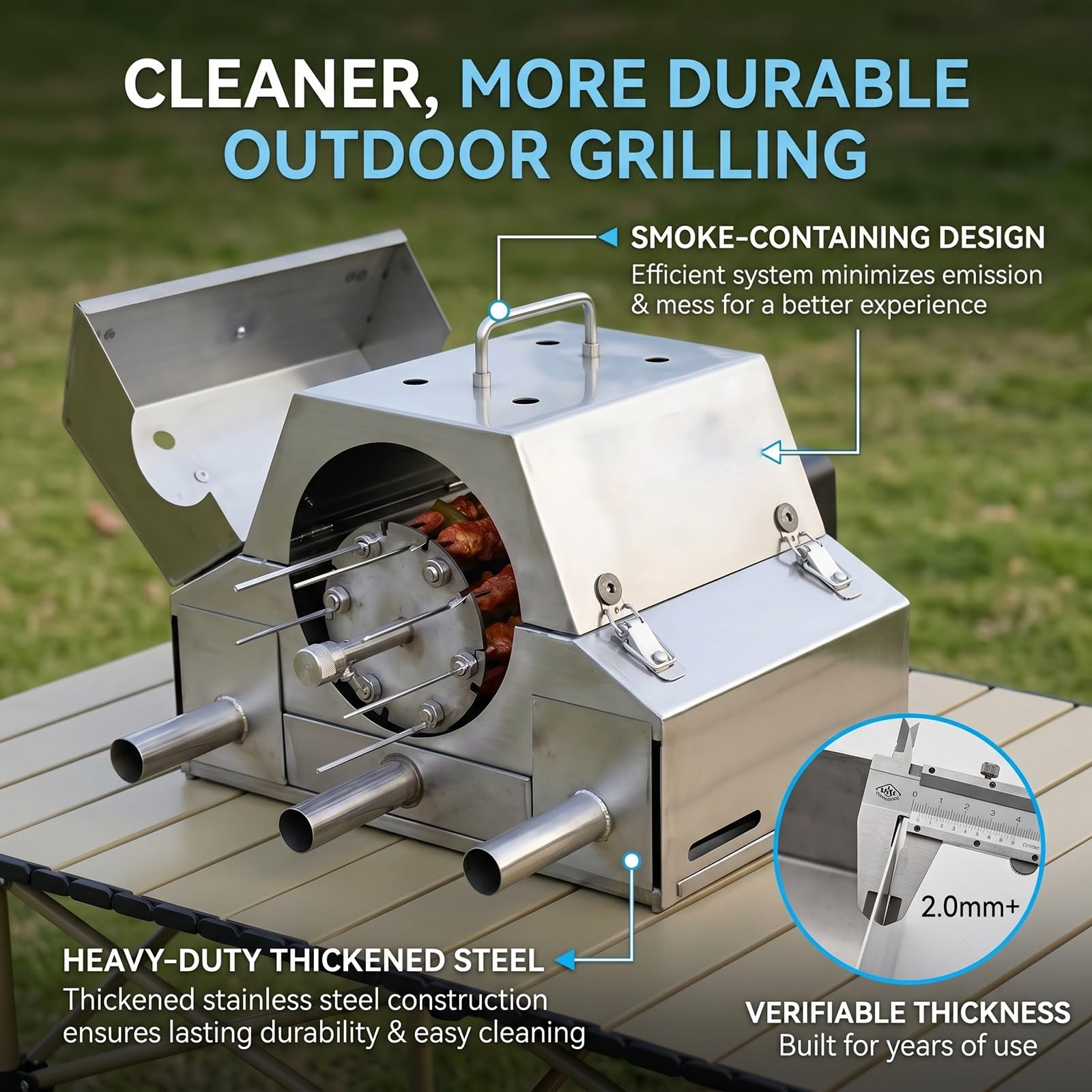 Automatyczny obrotowy grill rożenowy, bezdymny grill węglowy ze stojakiem obrotowym, 100 szpikulców BBQ, akumulator i zasilacz typu C, grill 360° do kebaba na patio(12Skewers)