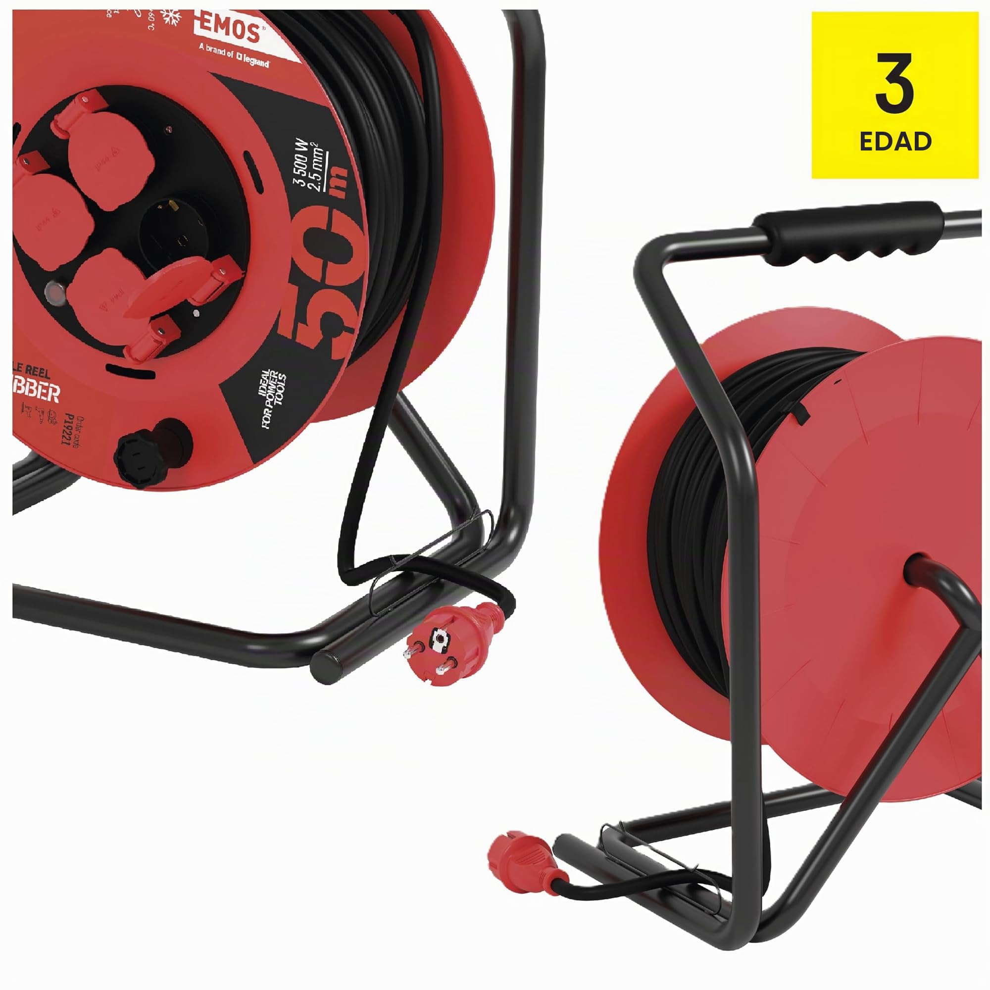 EMOS P19221 Carrete de Cable de 50m-4 enchufes Schuko-Impermeable, Impactos, Resistente a temperaturas-230 V, 15 A, 3500 W-Aislamiento de goma-H05RR-F 2,5 mm2-IP44 para Exteriores, Gris, Azul, Negro