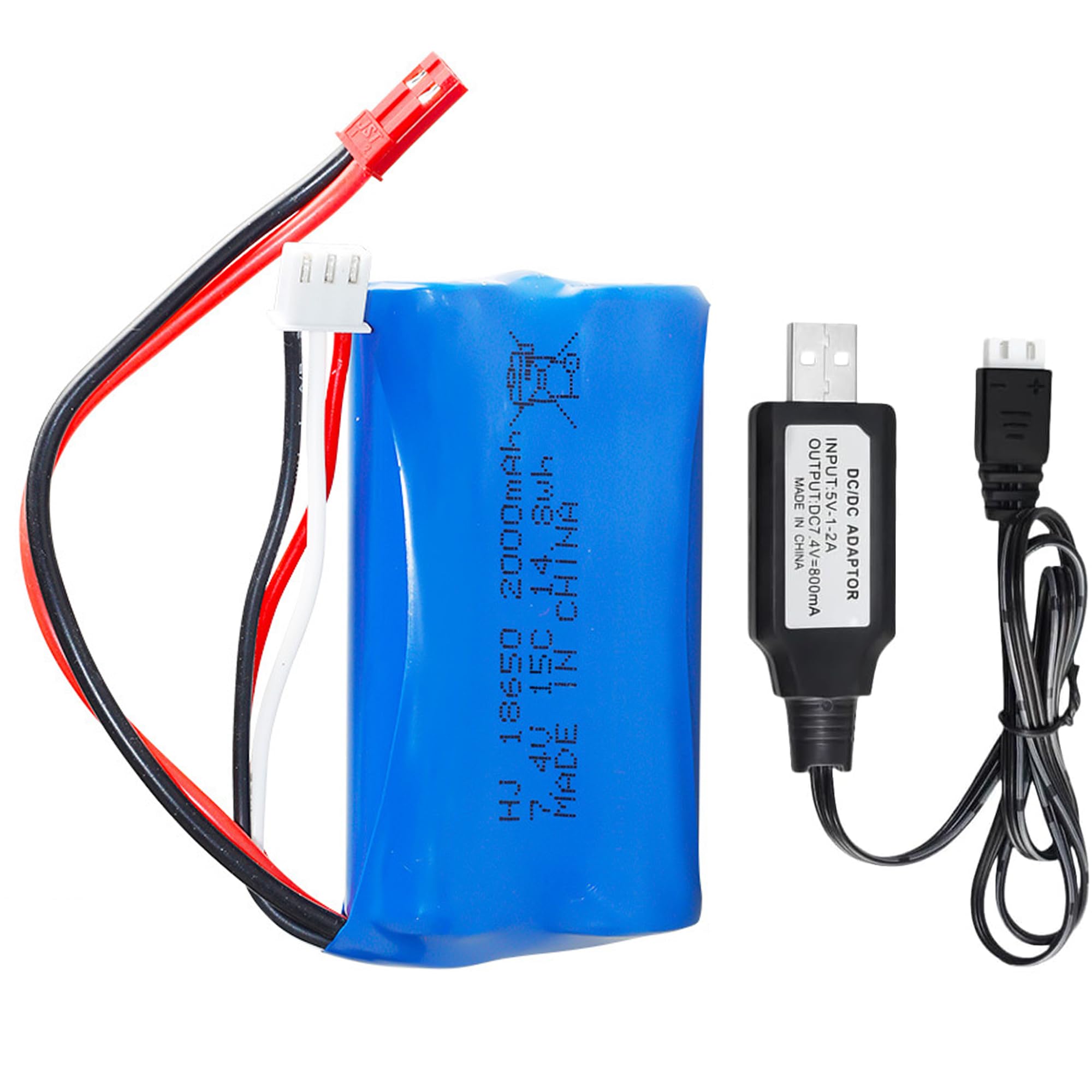 Batterie Li-ion rechargeable 7,4 V 2000 mAh avec JST et câble de charge USB pour voiture de cascade RC double face, petit bateau télécommandé, véhicule amphibien, camion, RC, SUV, véhicule haute