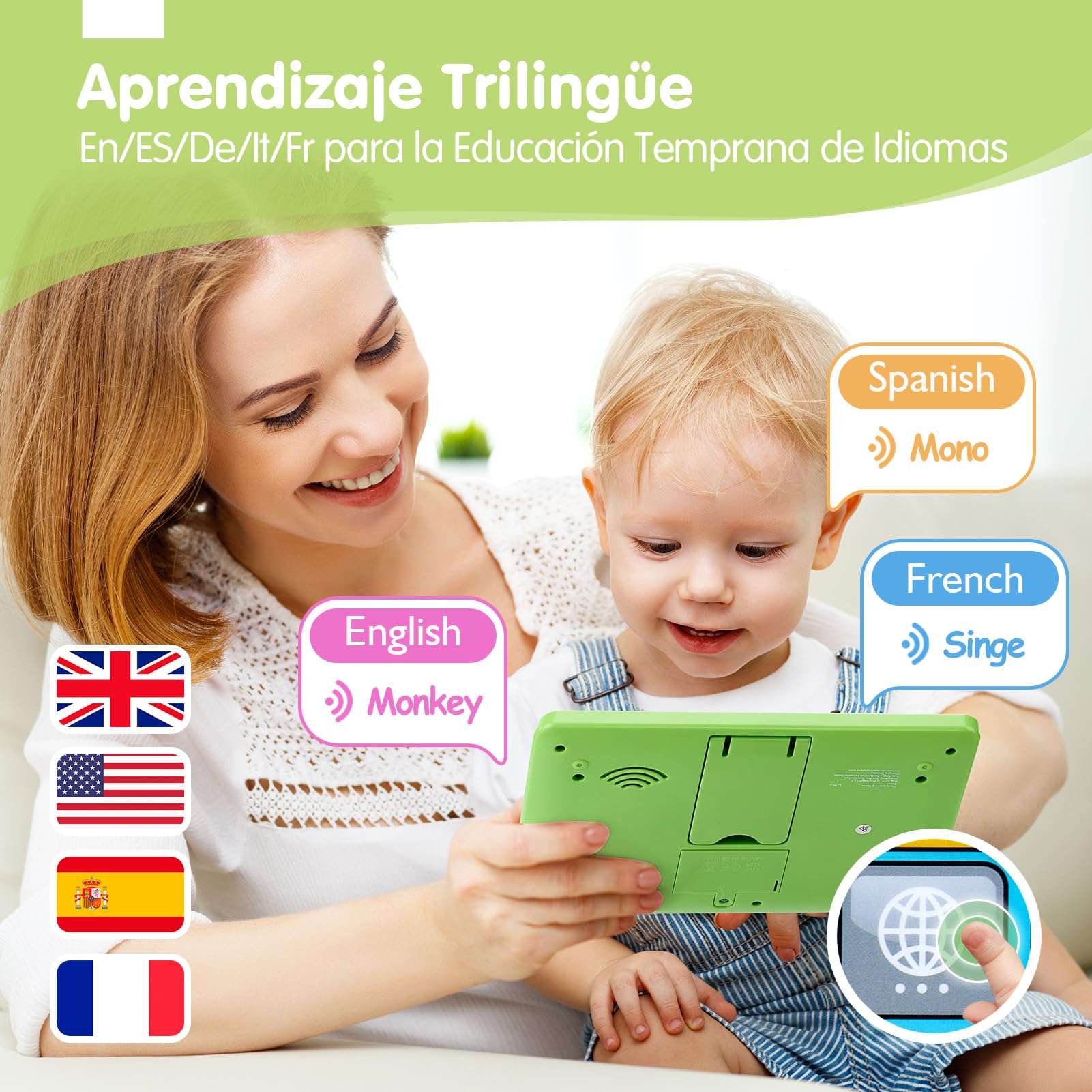 hahaland Tablet para Niños 1 2 años - Musical Panel Educativo Que enseñan Animales, Letras, Números - Tablet Infantil Juguetes Interactivos para niños 2 años - Versión 5 Idiomas