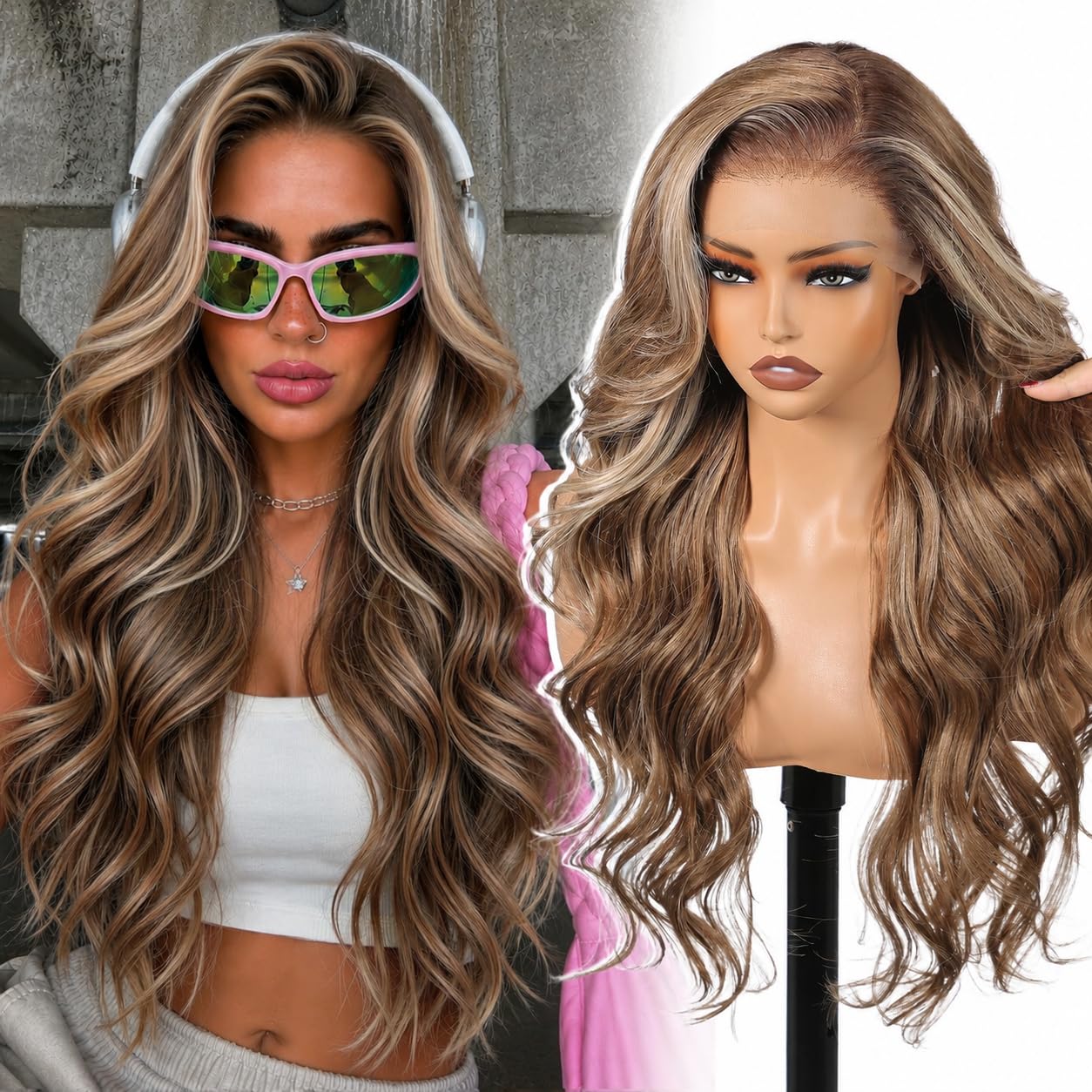 KOME Ash Brown Highlight 13×6 Curly Synthetic Lace Front Wig 26IN Ash Brown #TT6/166